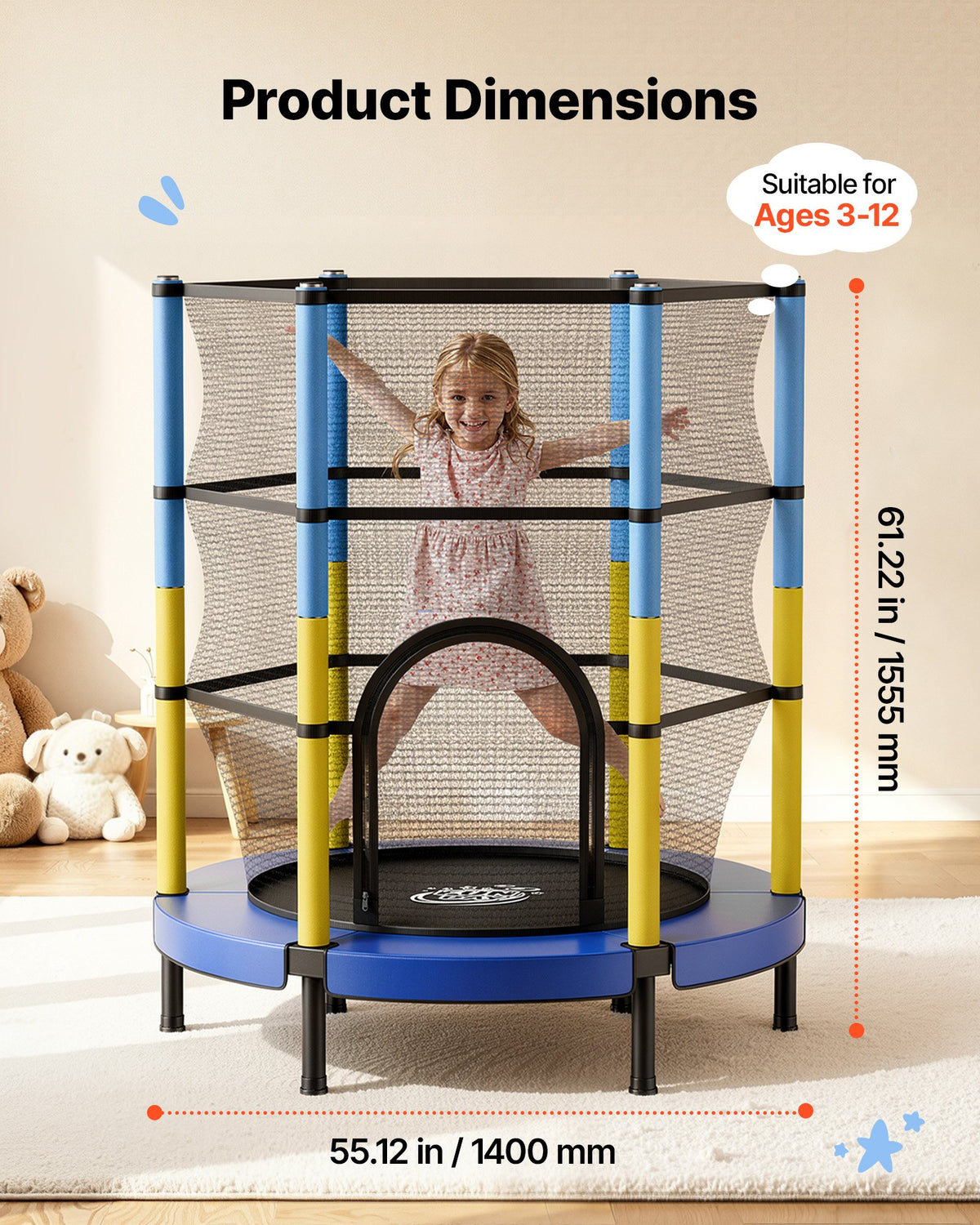 VEVOR 142cm Trampoline for Kids, Toddler Mini Trampoline, 60 kg Capacity Indoor Outdoor Play Toys with Enclosure Net, Easy to Assemble, Christmas Toys Birthday Gifts for Girls Boys
