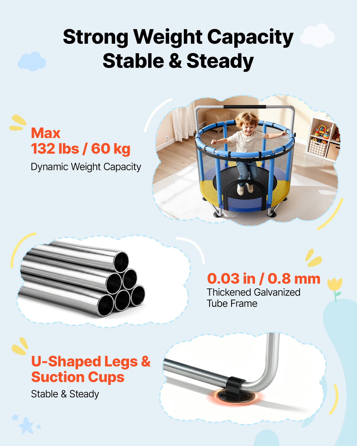 VEVOR 150cm Trampoline for Kids, Toddler Mini Trampoline, 60 kg Indoor Outdoor Play Toys with Enclosure Net and Adjustable Gymnastics Bar, Christmas Toys Birthday Gifts for Girls Boys