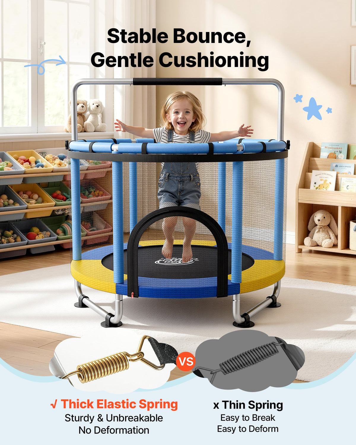 VEVOR 150cm Trampoline for Kids, Toddler Mini Trampoline, 60 kg Indoor Outdoor Play Toys with Enclosure Net and Adjustable Gymnastics Bar, Christmas Toys Birthday Gifts for Girls Boys