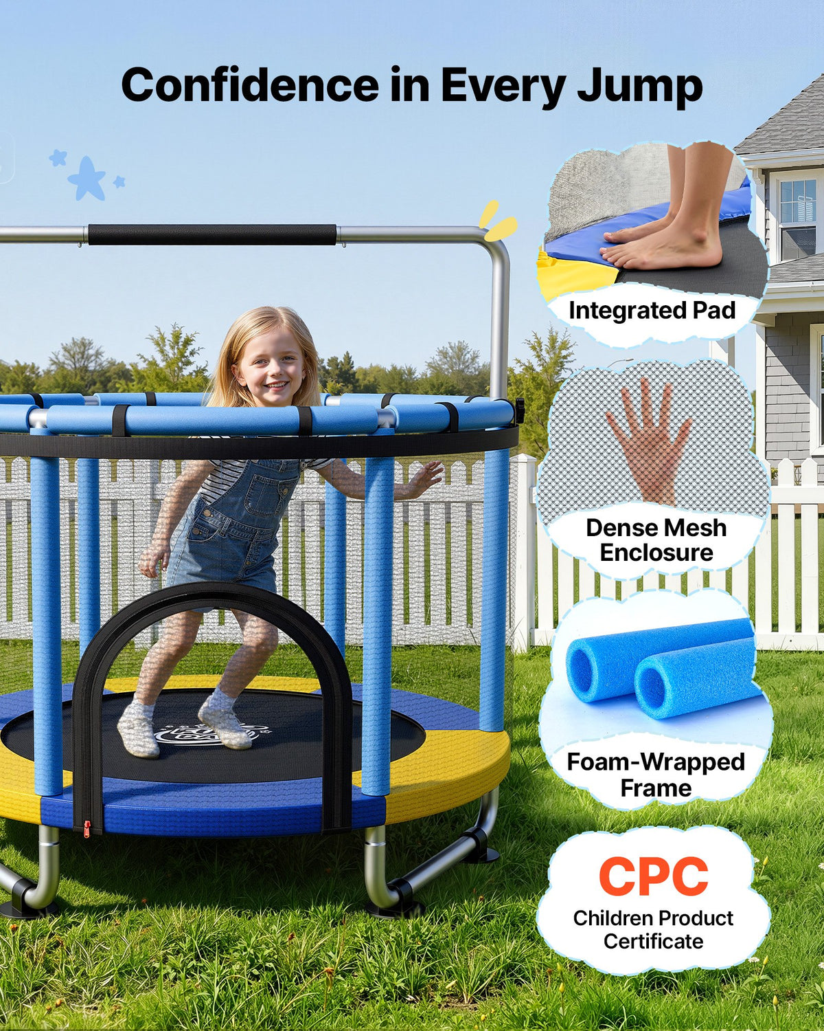 VEVOR 150cm Trampoline for Kids, Toddler Mini Trampoline, 60 kg Indoor Outdoor Play Toys with Enclosure Net and Adjustable Gymnastics Bar, Christmas Toys Birthday Gifts for Girls Boys