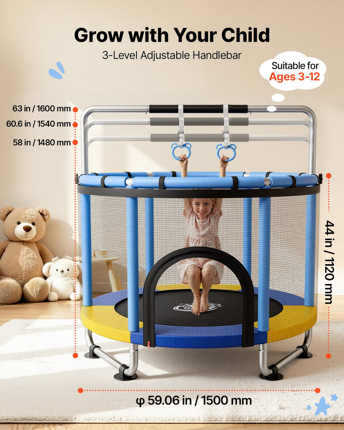 VEVOR 150cm Trampoline for Kids, Toddler Mini Trampoline, 60 kg Indoor Outdoor Play Toys with Enclosure Net and Adjustable Gymnastics Bar, Christmas Toys Birthday Gifts for Girls Boys