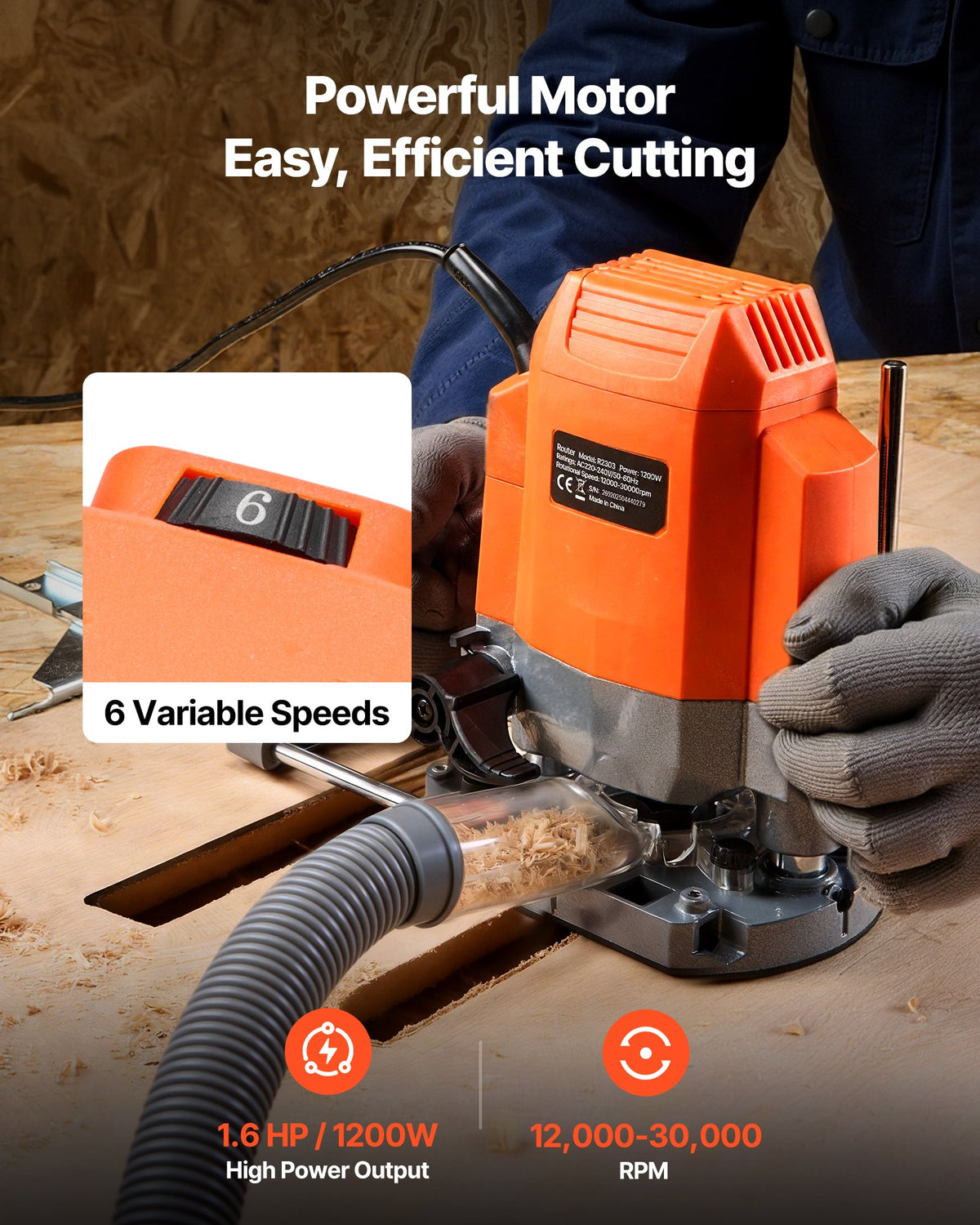 VEVOR Wood Router, 1.6 HP 1200W, Variable Speed Router Tool with Soft Start, Compact Wood Edge Trimmer with Plunge Base, Dust Hood & Parallel Guide, for Woodworking, Trimming, DIY Projects, Corded