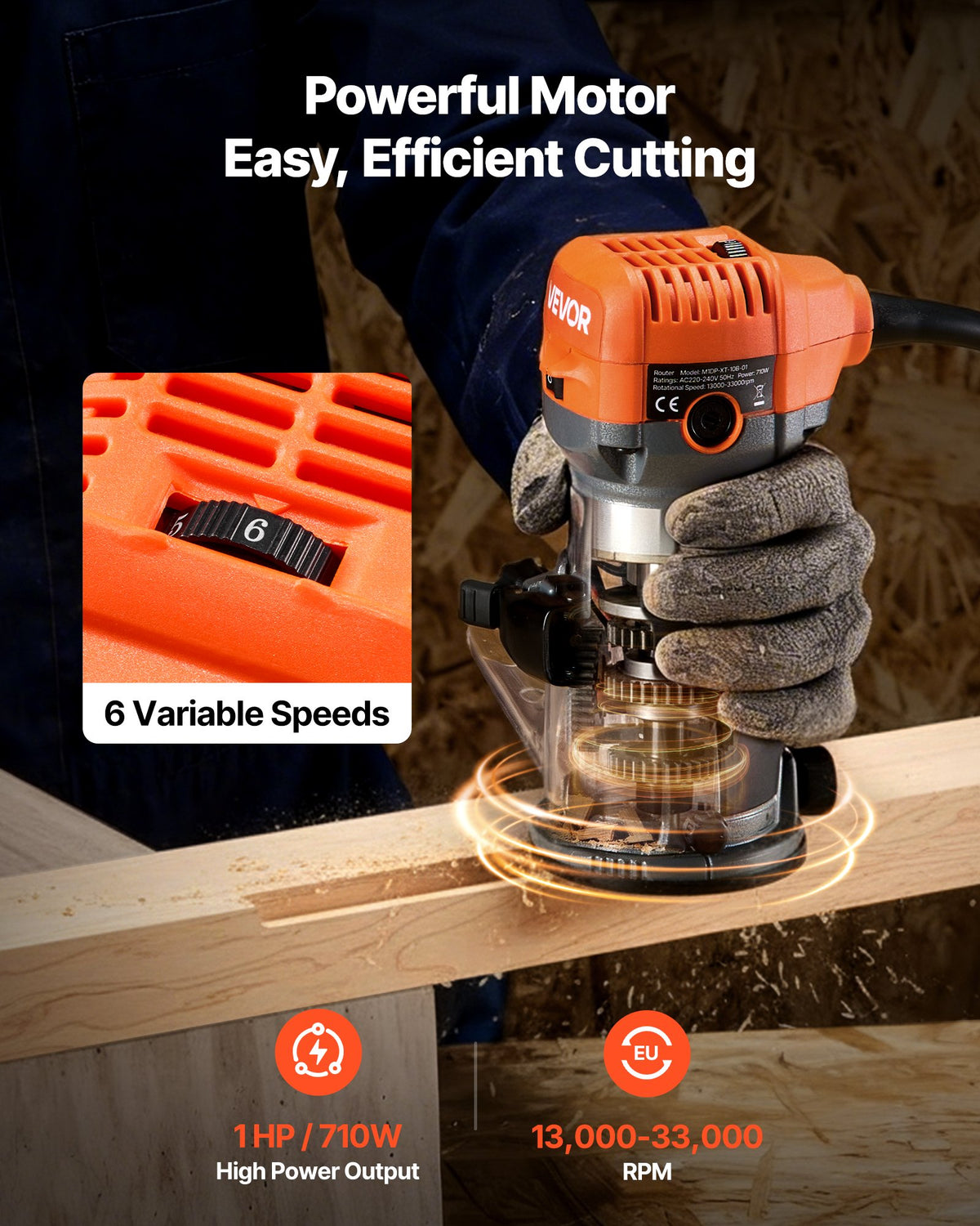 VEVOR Wood Router, 1 HP 710W, Variable Speed Palm Router Tool with Soft Start, Compact Edge Wood Trimmer with Fixed, Plunge & Tilt Base, Parallel Guide, for Woodworking, Trimming, DIY Projects, Corded