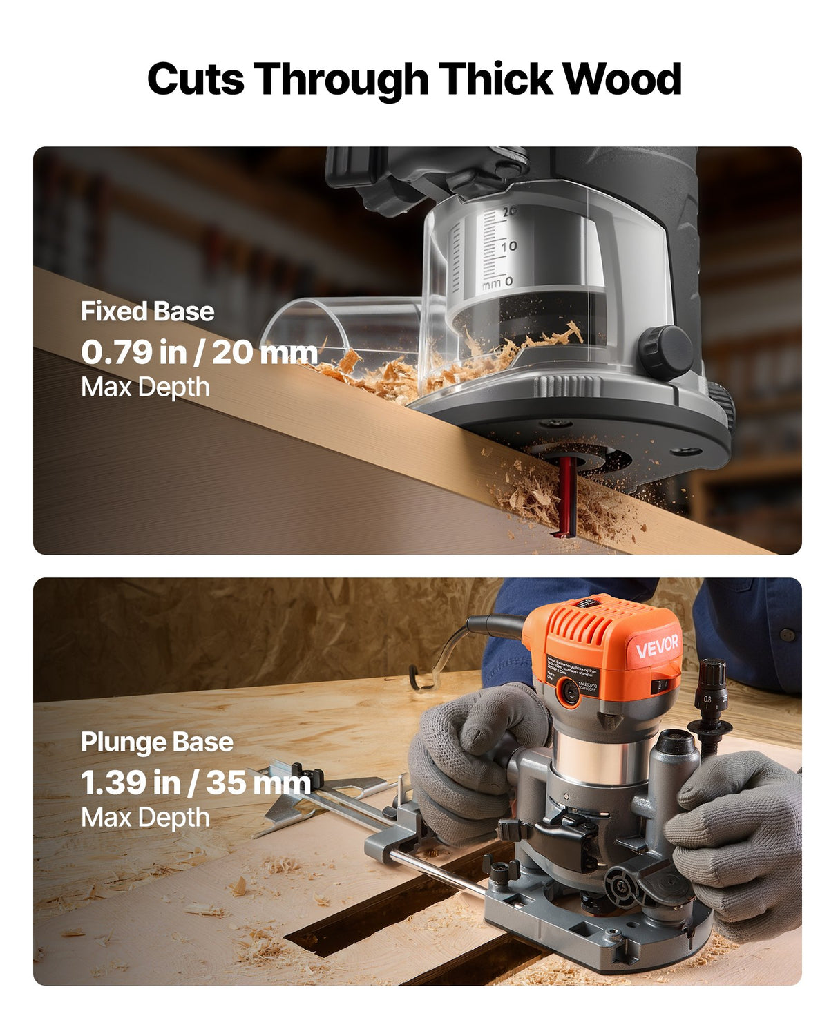 VEVOR Wood Router, 1 HP 710W, Variable Speed Palm Router Tool with Soft Start, Compact Edge Wood Trimmer with Fixed, Plunge & Tilt Base, Parallel Guide, for Woodworking, Trimming, DIY Projects, Corded