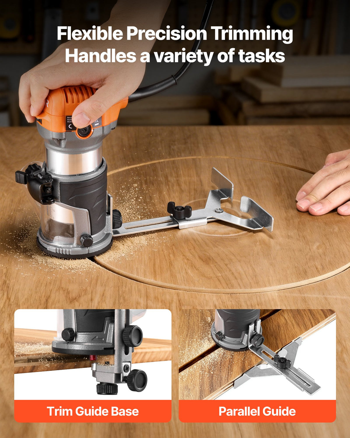VEVOR Wood Router, 1 HP 710W, Variable Speed Palm Router Tool with Soft Start, Compact Edge Wood Trimmer with Fixed, Plunge & Tilt Base, Parallel Guide, for Woodworking, Trimming, DIY Projects, Corded