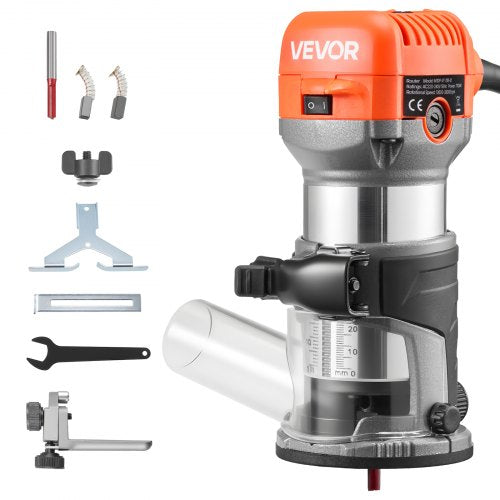VEVOR Wood Router, 1 HP 710W, Variable Speed Palm Router Tool with Soft Start, Compact Wood Edge Trimmer with Fixed Base & Dust Hood, Parallel Guide, for Woodworking, Trimming, DIY Projects, Corded