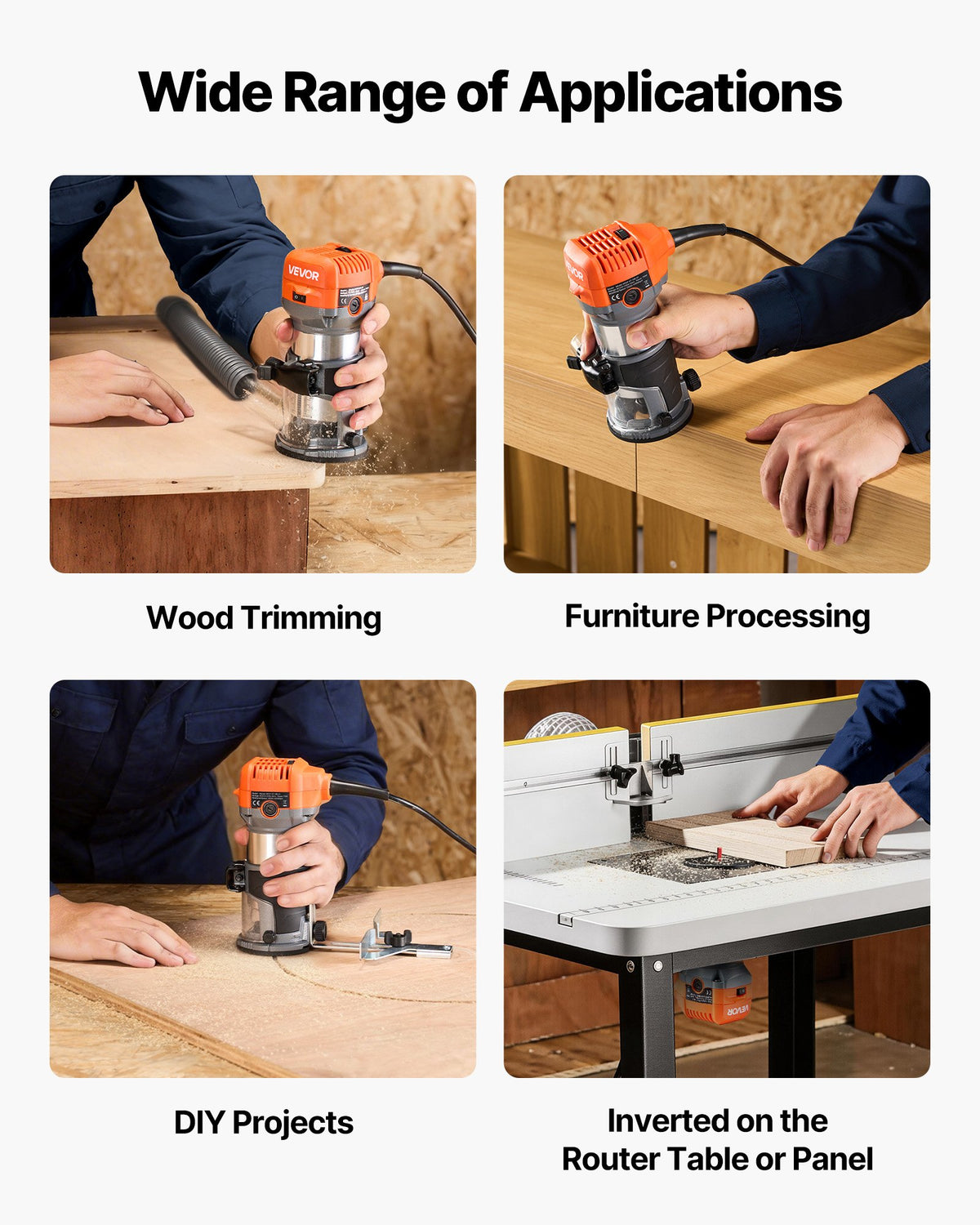 VEVOR Wood Router, 1 HP 710W, Variable Speed Palm Router Tool with Soft Start, Compact Wood Edge Trimmer with Fixed Base & Dust Hood, Parallel Guide, for Woodworking, Trimming, DIY Projects, Corded