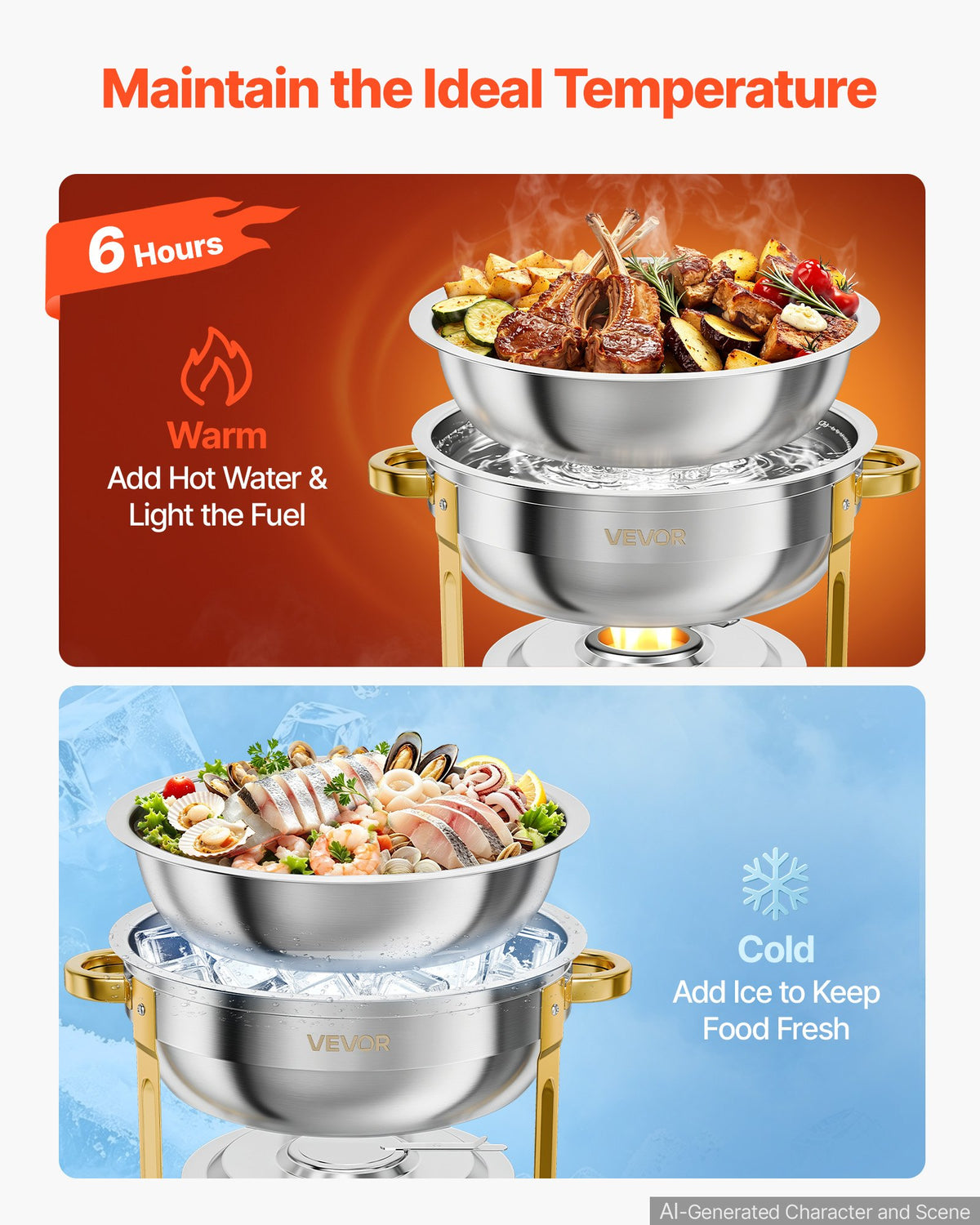 VEVOR 4 Packs Chafing Dishes for Buffet Set, 5.7L Stainless Steel Chafer, for Banquet Party Wedding Catering Events, Round Stackable Buffet Servers and Warmers, with 4 Pots and Fuel Holder