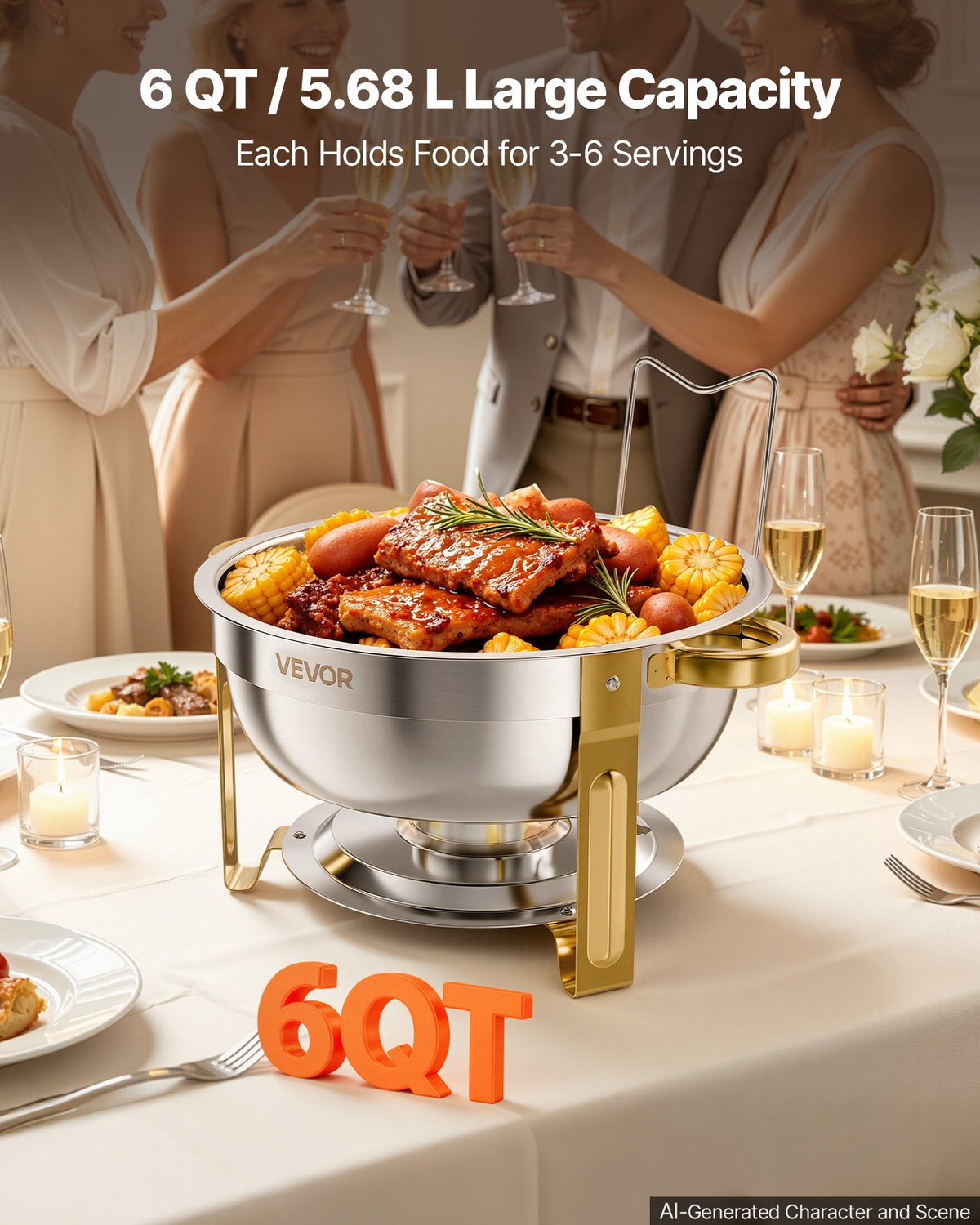 VEVOR 4 Packs Chafing Dishes for Buffet Set, 5.7L Stainless Steel Chafer, for Banquet Party Wedding Catering Events, Round Stackable Buffet Servers and Warmers, with 4 Pots and Fuel Holder