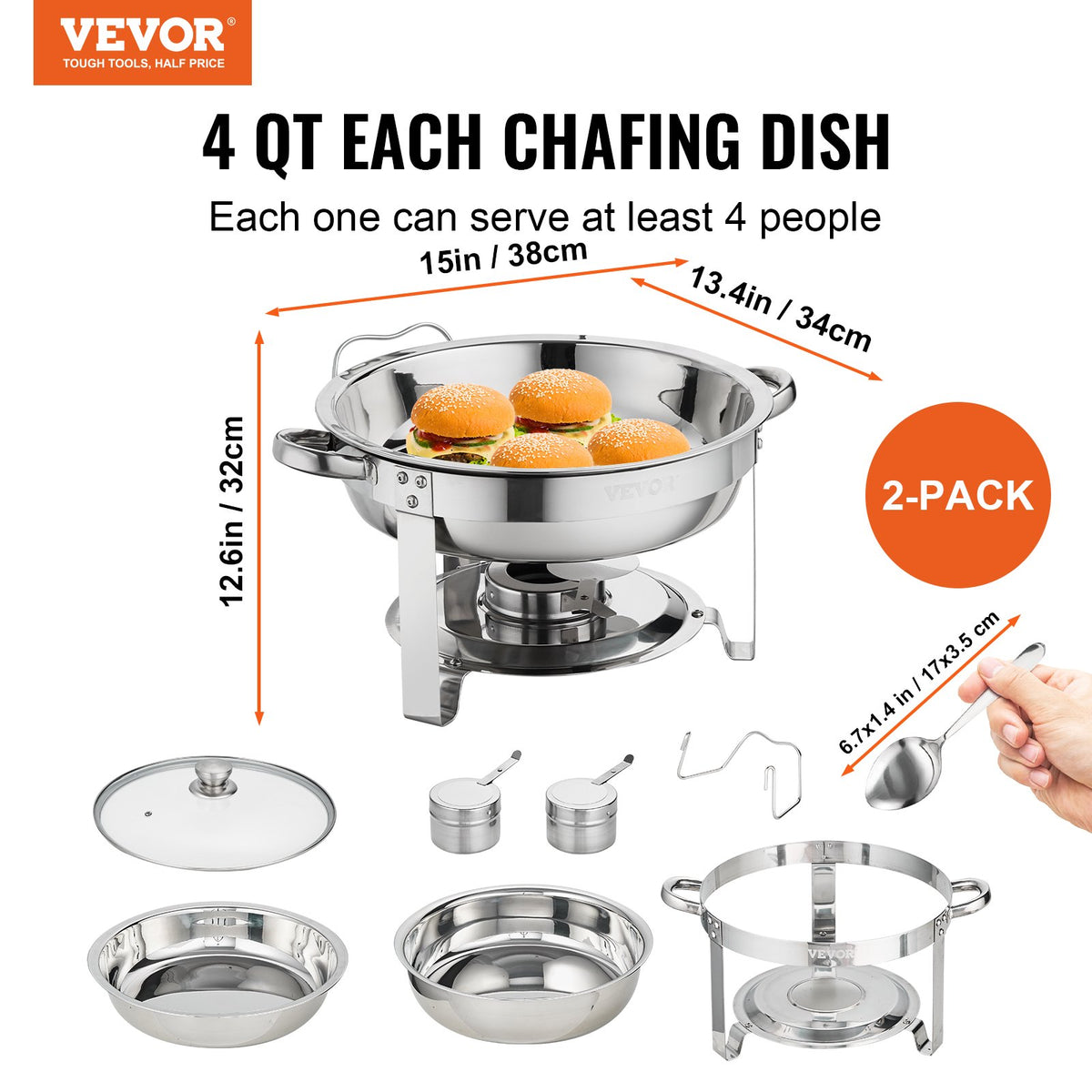 VEVOR 2-Pack Round Chafing Dish Set with Full-Size 3.8L Pan Glass Lid Fuel Holder