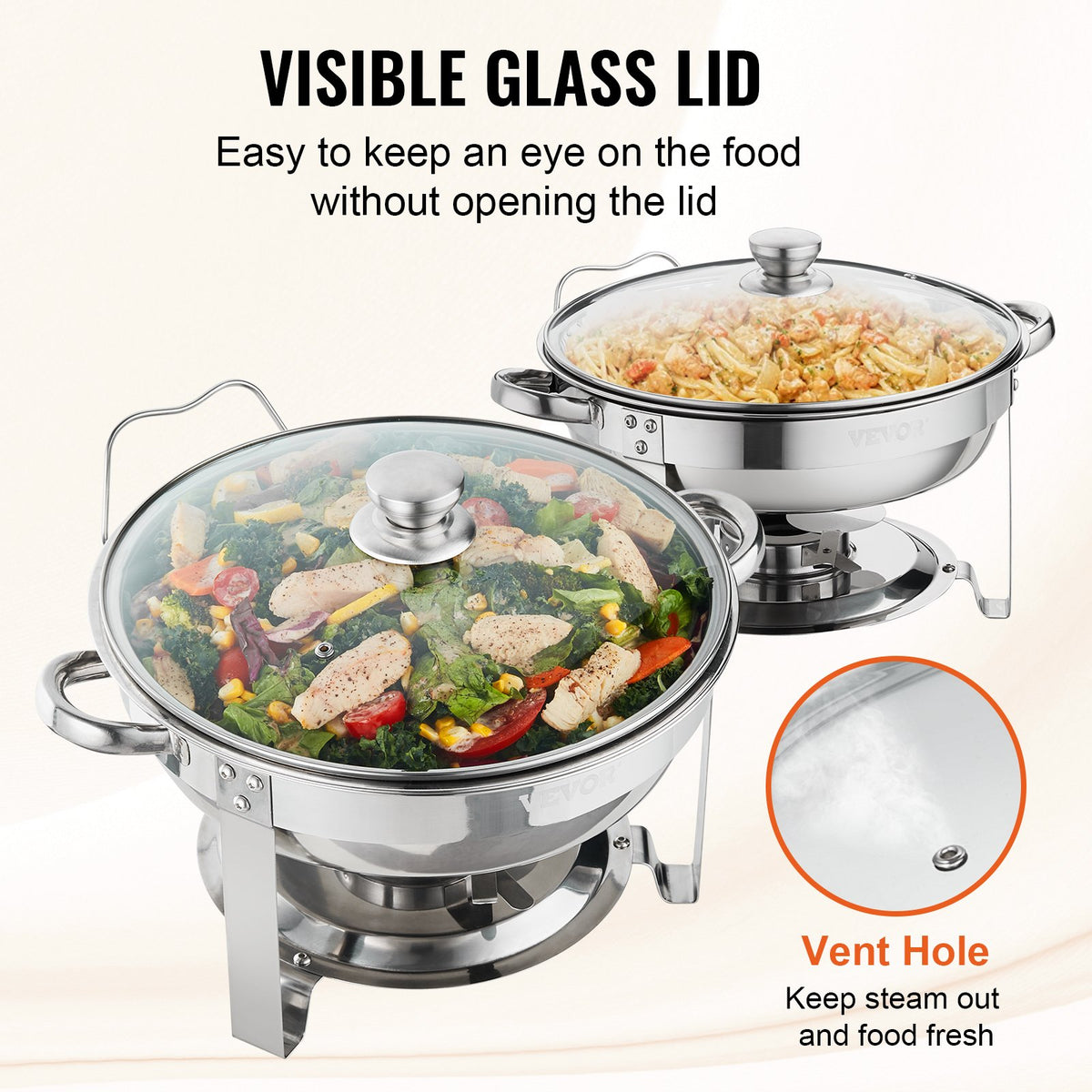 VEVOR 2-Pack Round Chafing Dish Set with Full-Size 3.8L Pan Glass Lid Fuel Holder