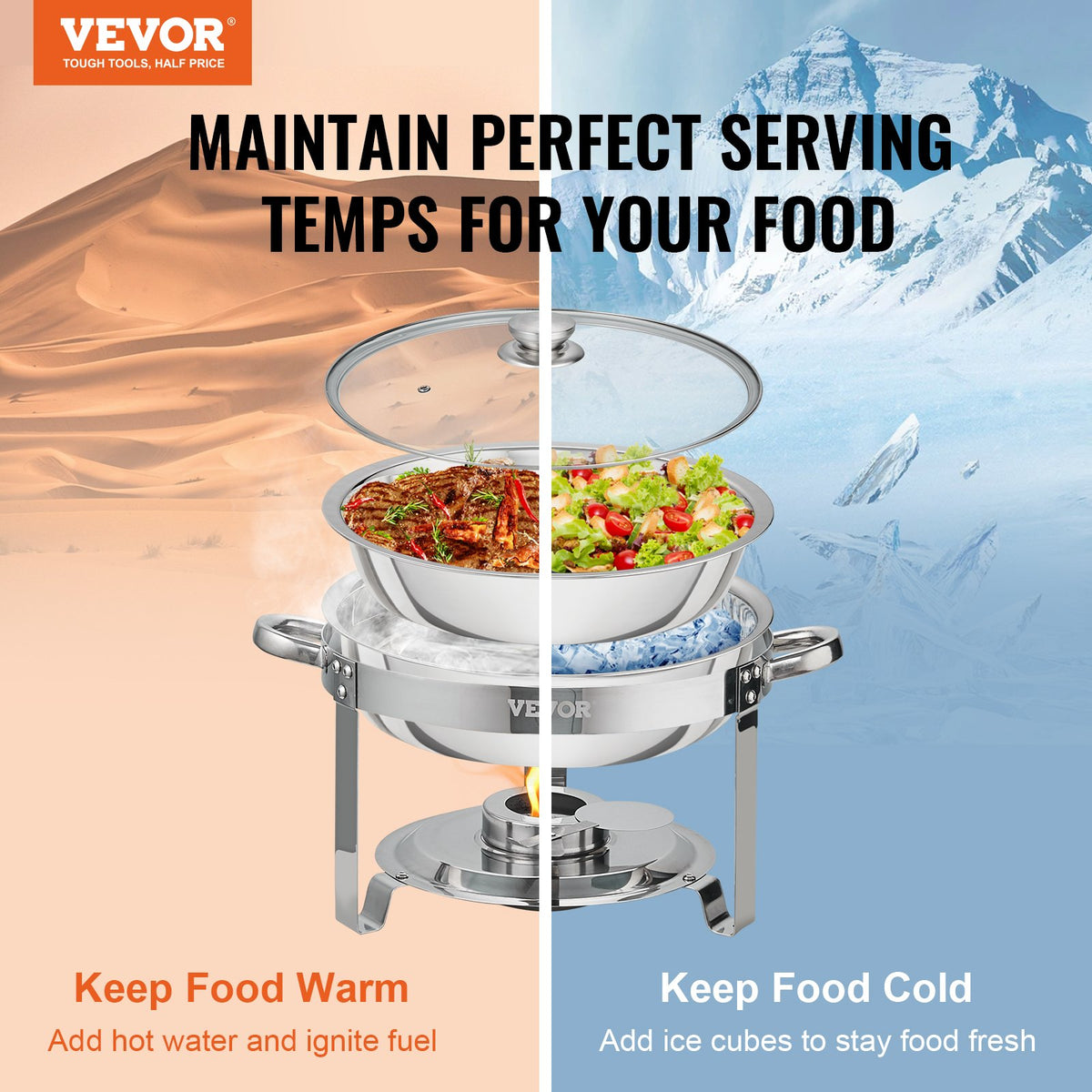 VEVOR 2-Pack Round Chafing Dish Set with Full-Size 3.8L Pan Glass Lid Fuel Holder