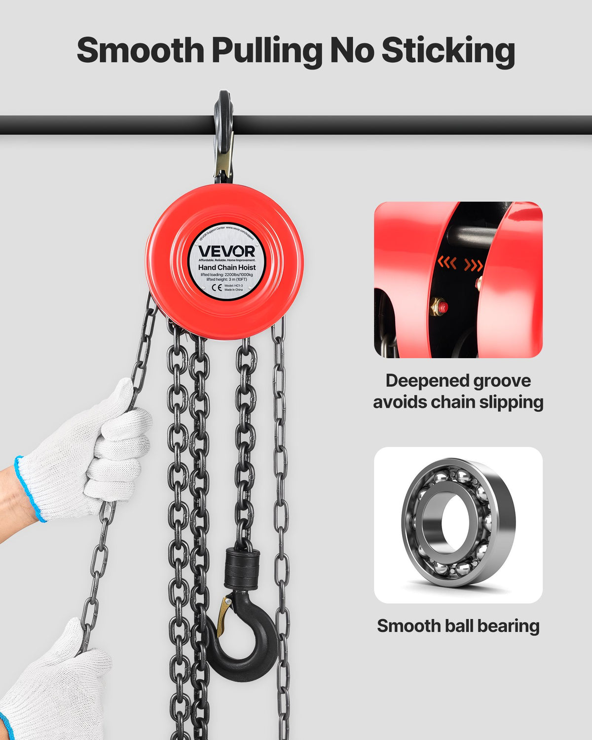 VEVOR Hand Chain Hoist, 1 Ton Capacity, Manual Chain Block with Upgrade G70 Galvanized Chain, 3 m Lifting Height, Heavy Duty Pulley Hoist for Garage Warehouse Automotive Machinery, Red