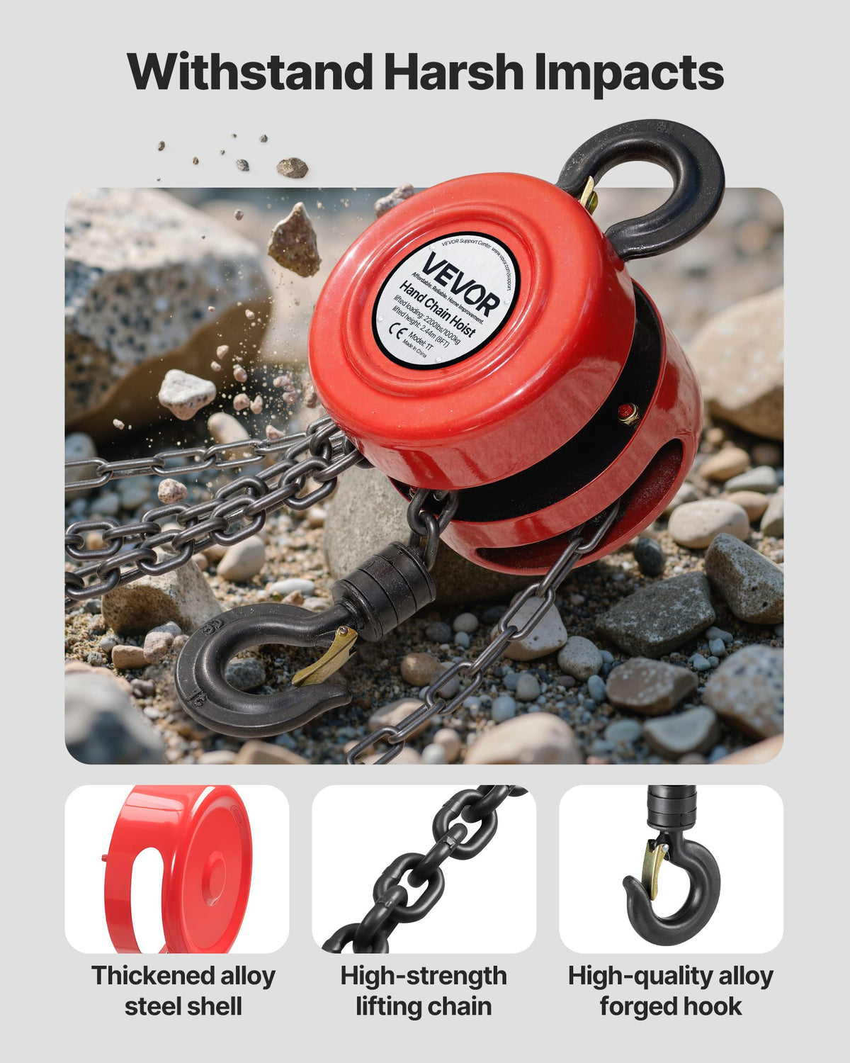 VEVOR Hand Chain Hoist, 1 Ton Capacity, Manual Chain Block with Upgrade G70 Galvanized Chain, 2.44 m Lifting Height, Heavy Duty Pulley Hoist for Garage Warehouse Automotive Machinery, Red