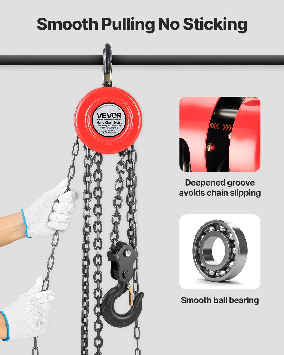 VEVOR Hand Chain Hoist, 2 Ton Capacity, Manual Chain Block with Upgrade G70 Galvanized Chain, 3 m Lifting Height, Heavy Duty Pulley Hoist for Garage Warehouse Automotive Machinery, Red