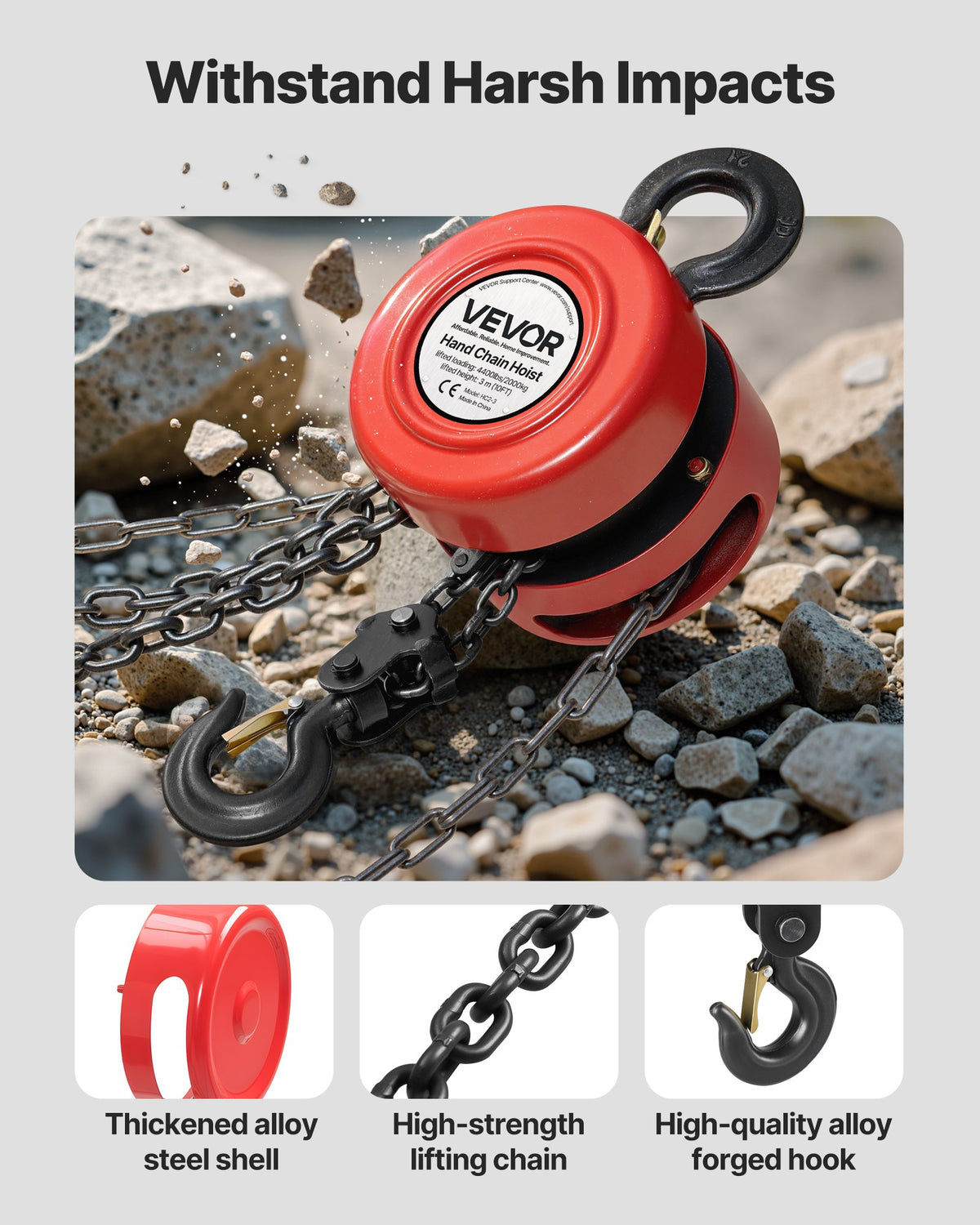VEVOR Hand Chain Hoist, 2 Ton Capacity, Manual Chain Block with Upgrade G70 Galvanized Chain, 3 m Lifting Height, Heavy Duty Pulley Hoist for Garage Warehouse Automotive Machinery, Red