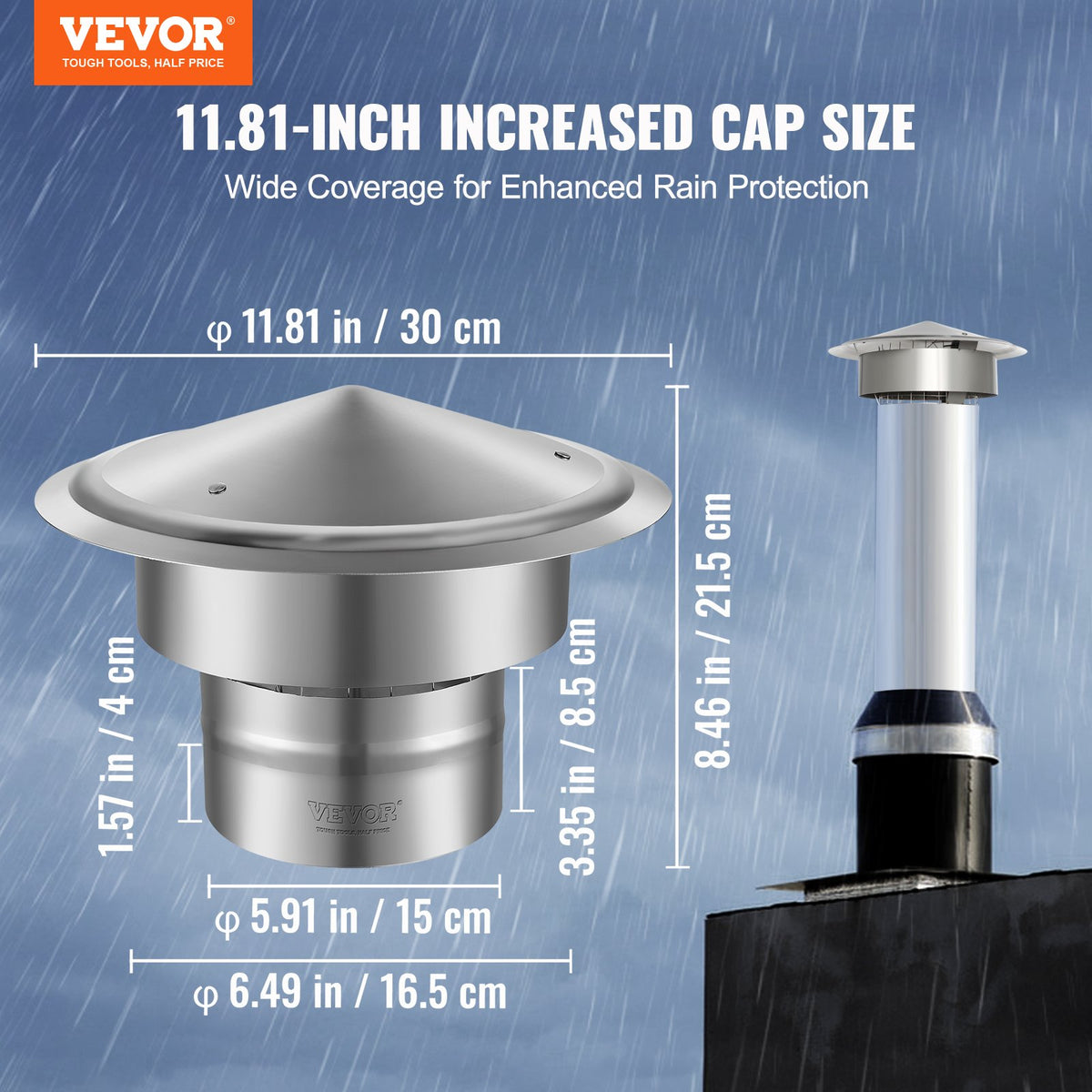 VEVOR Chimney Cap, 152.4 mm, 304 Stainless Steel Round Roof Rain Cap, 300mm Increased Caps, All Weather & Reinforced Screws & Easy Installation, for Perfect Insulation Vent Cover Outside, Silver