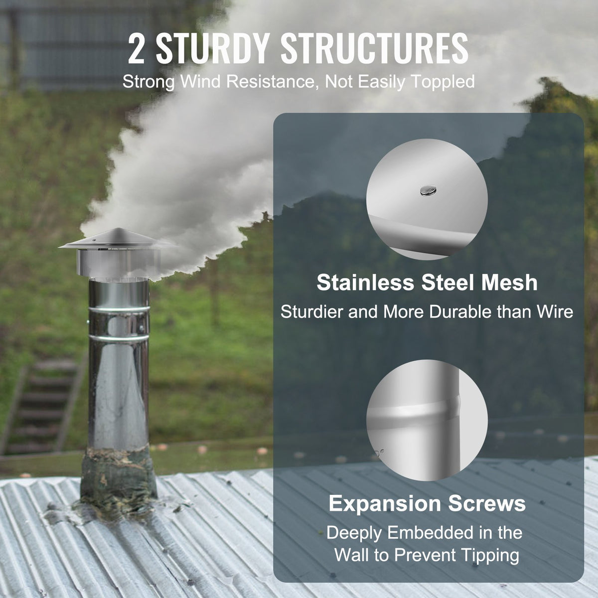 VEVOR Chimney Cap, 152.4 mm, 304 Stainless Steel Round Roof Rain Cap, 300mm Increased Caps, All Weather & Reinforced Screws & Easy Installation, for Perfect Insulation Vent Cover Outside, Silver