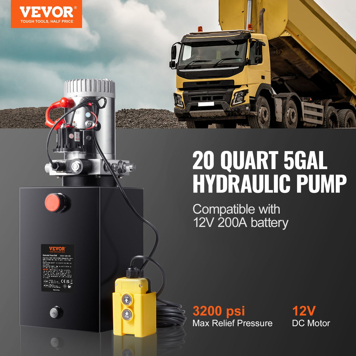 VEVOR Hydraulic Pump, 20 Quart Hydraulic Power Unit, Single Acting Dump Trailer Pump, 0.91 GPM Flow Rate, 3200 PSI Max Relief Pressure, DC 12V Hydraulic Pump for Dump Trailer Car Lifting