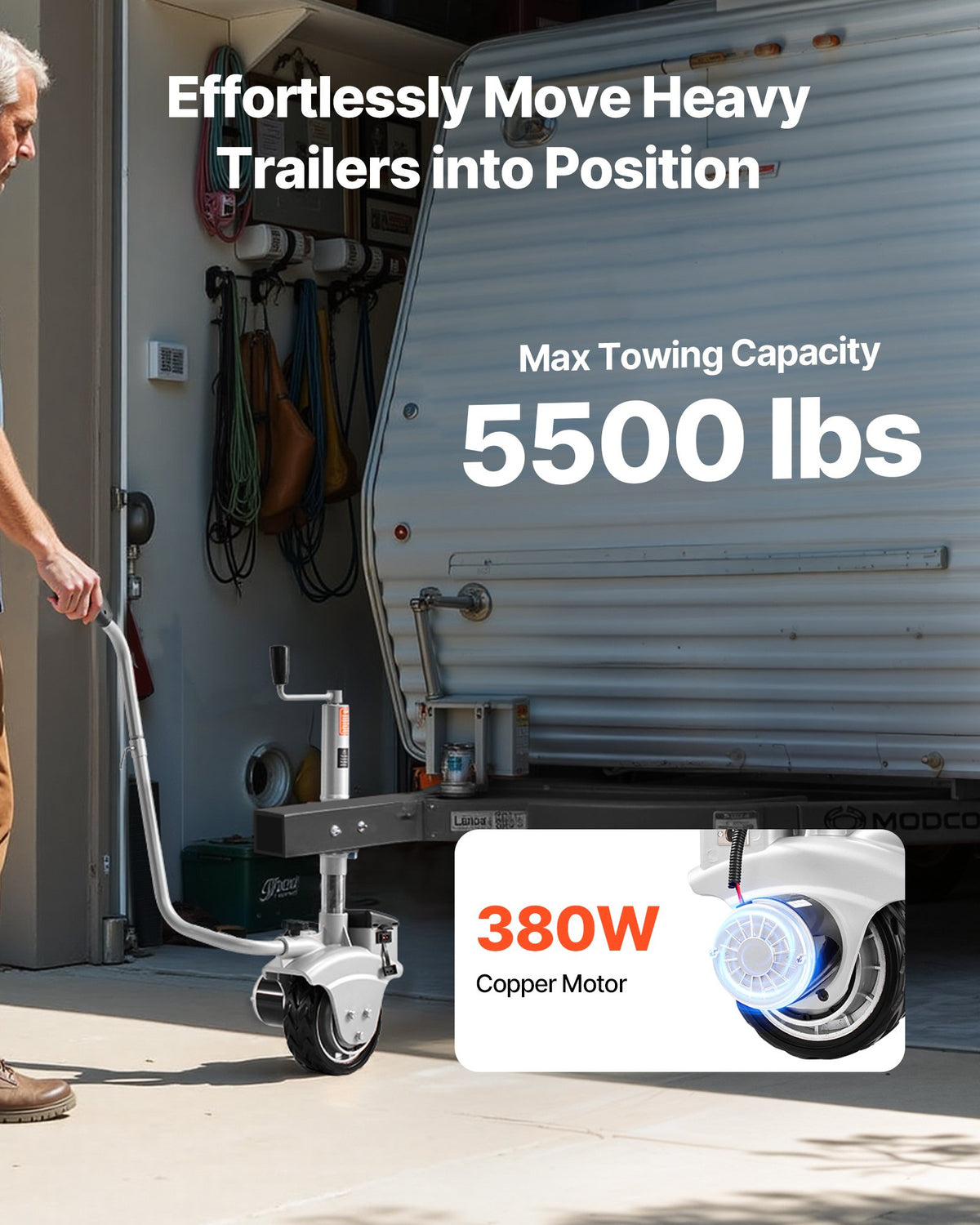 VEVOR Electric Trailer Dolly, 2.5 T Towing Capacity, 380W 12V Motorized Jockey Wheel with 7 m/min Moving Speed, 31-63 cm Adjustable Clamp Height & 20.3 cm Rubber Tire, For Moving Caravan Boat