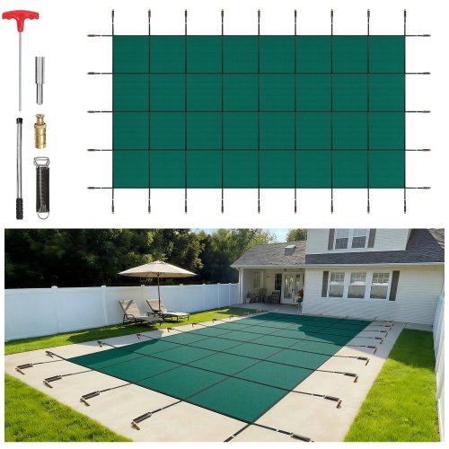 VEVOR Pool Safety Cover Fits 6.09 x 12.19 m Rectangle Inground Pools, Safety Pool Cover with Drainage Holes, Mesh Solid Pool Cover for Swimming Pool, Winter Safety Cover, Green