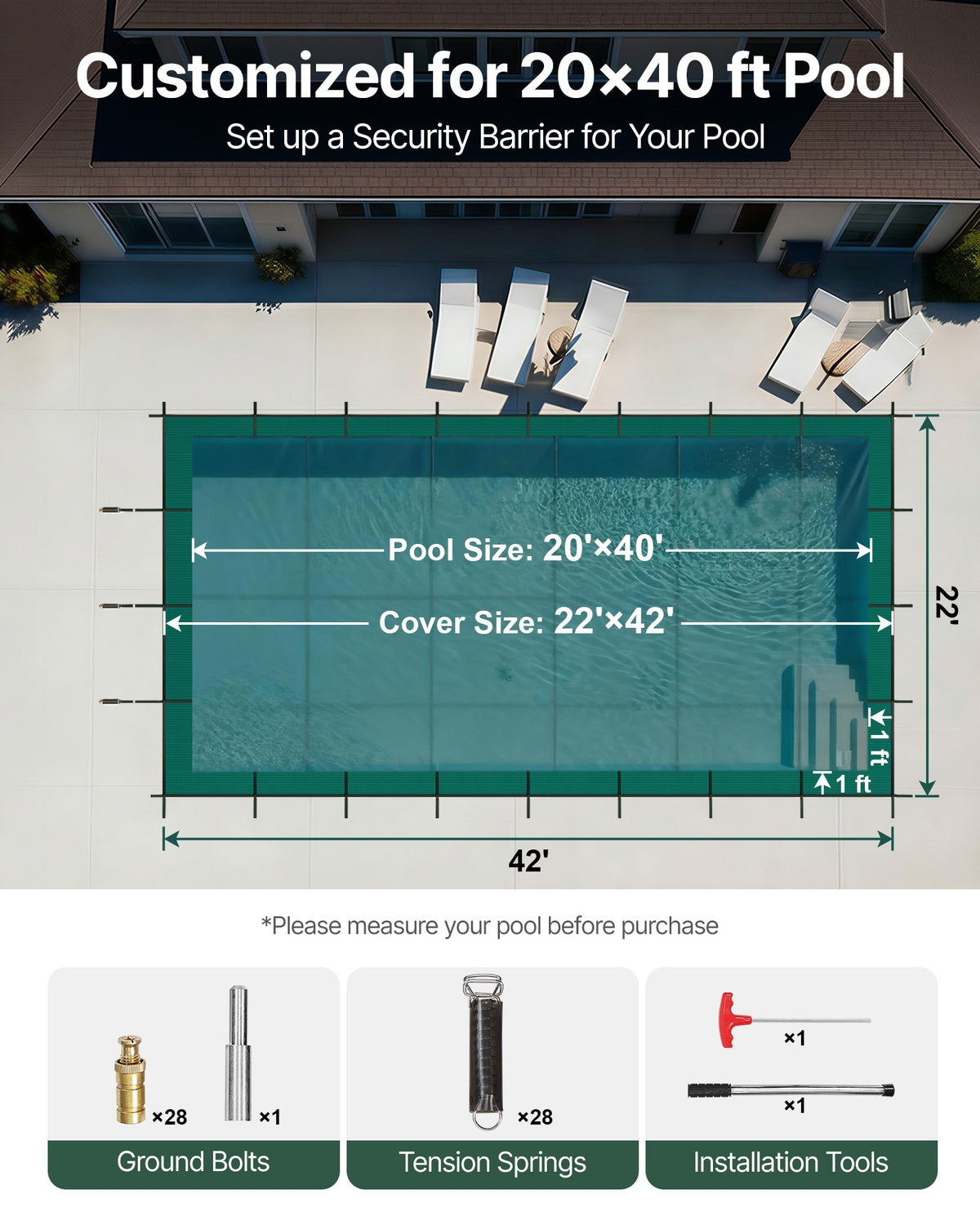 VEVOR Pool Safety Cover Fits 6.09 x 12.19 m Rectangle Inground Pools, Safety Pool Cover with Drainage Holes, Mesh Solid Pool Cover for Swimming Pool, Winter Safety Cover, Green