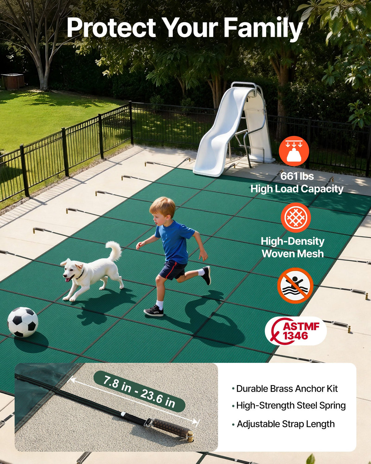 VEVOR Pool Safety Cover Fits 6.09 x 12.19 m Rectangle Inground Pools, Safety Pool Cover with Drainage Holes, Mesh Solid Pool Cover for Swimming Pool, Winter Safety Cover, Green