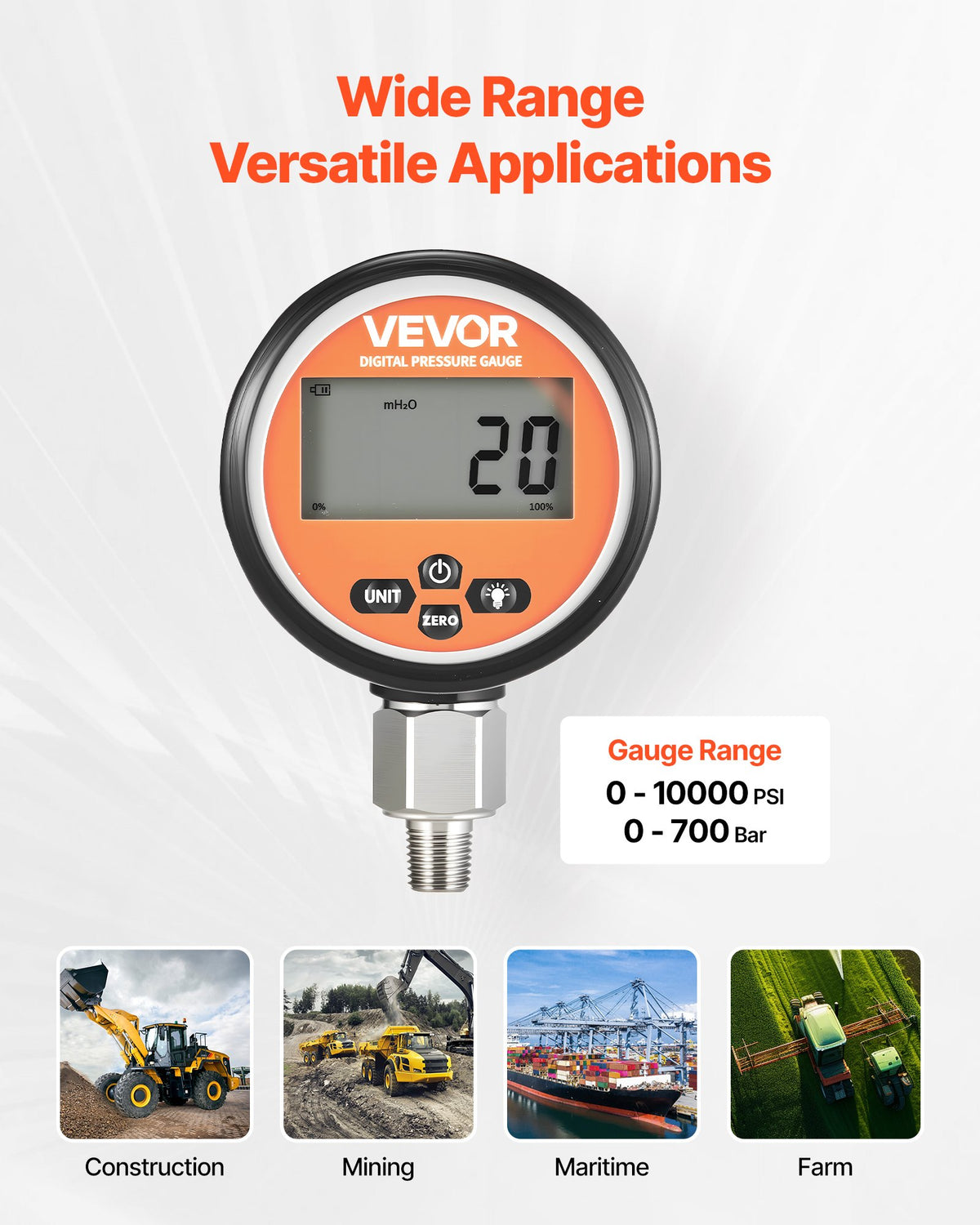 VEVOR Digital Hydraulic Pressure Gauge, 0-700 Bar (0-10000 PSI) Hydraulic Pressure Sensor, Manometer Tester with NPT Base Entry for Excavator Construction Machinery, Waterproof Stainless Steel Housing