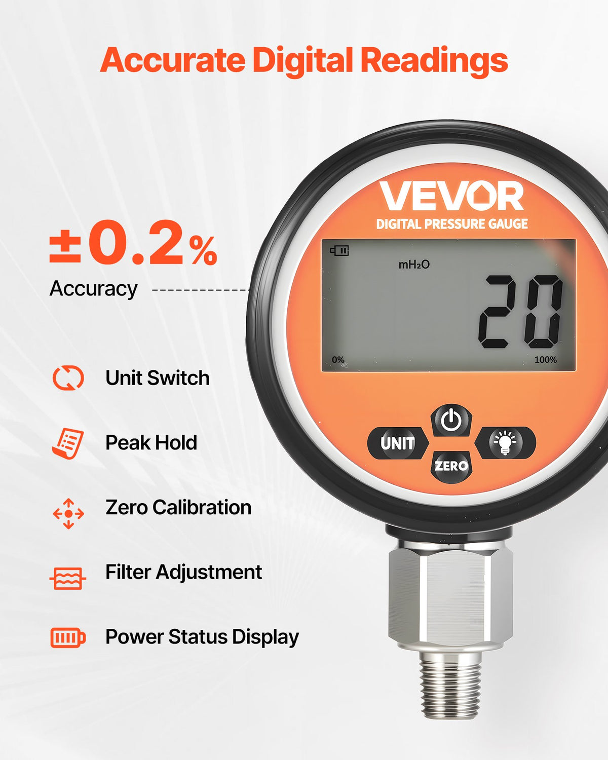 VEVOR Digital Hydraulic Pressure Gauge, 0-700 Bar (0-10000 PSI) Hydraulic Pressure Sensor, Manometer Tester with NPT Base Entry for Excavator Construction Machinery, Waterproof Stainless Steel Housing