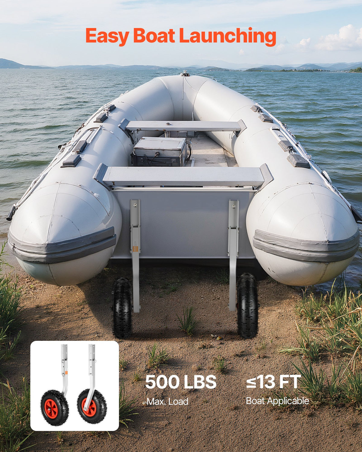 VEVOR Boat Launching Wheels, 226.8 kg Load Capacity, 304.8 mm Aluminium Alloy Transom Wheel with Inflatable Rubber Tires, Folding Launch Wheels with 4 Quick Release Pin, Fit 4m Inflatable Fishing Boat