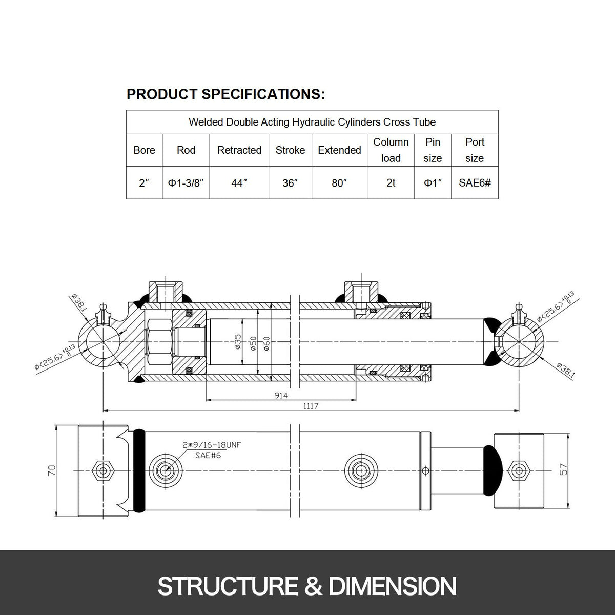 VEVOR Hydraulic Cylinder 2\" Bore 36\" Stroke Hydraulic Ram Cylinder 3000psi Hydraulic Cylinders Welded Double Acting Cross Tube SAE6 Port Hydraulic Lifting Cylinder (2 X 36)