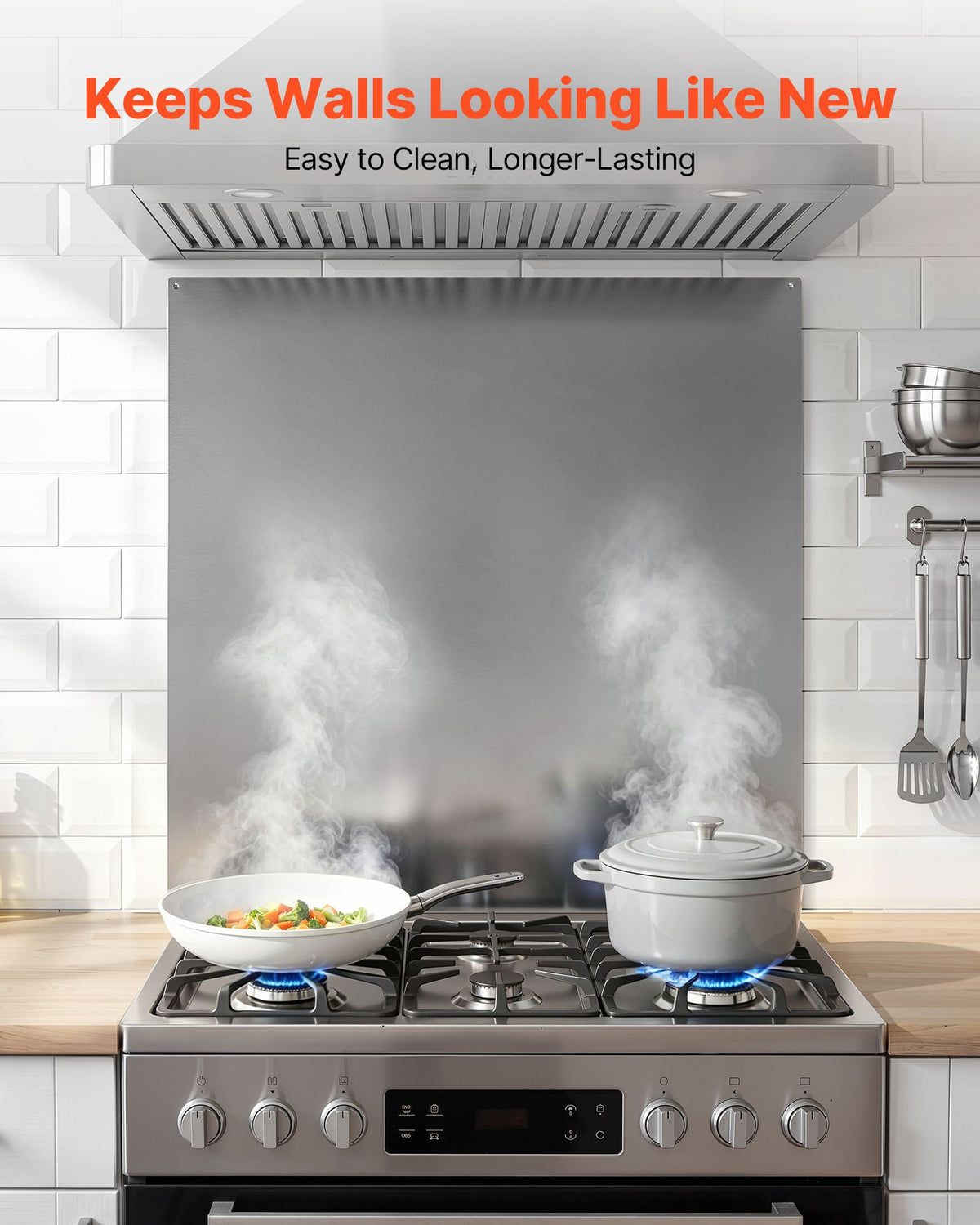 VEVOR 76x76 cm Stainless Steel Backsplash for Stove, Ultra Flat Splatter Guard, Wall Shield Range Hood Backsplash, Easy Clean Kitchen Wall Metal Panel, Pre-Drilled Holes for Easy Installation, Silver