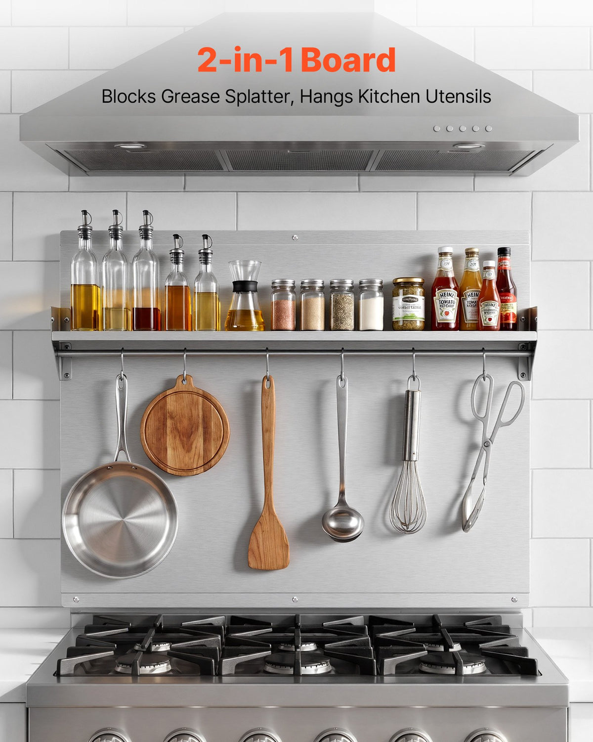 VEVOR 76x61 cm Stainless Steel Backsplash for Stove, Ultra Flat Splatter Guard with Storage Shelf & Hanging Rack, Wall Shield Range Hood Panel, Easy Clean, Pre-Drilled Holes for Easy Installation
