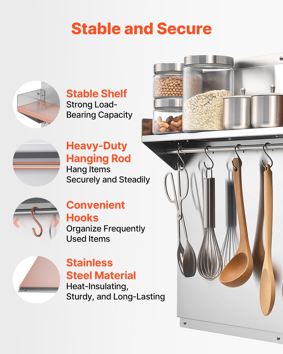 VEVOR 76x61 cm Stainless Steel Backsplash for Stove, Ultra Flat Splatter Guard with Storage Shelf & Hanging Rack, Wall Shield Range Hood Panel, Easy Clean, Pre-Drilled Holes for Easy Installation