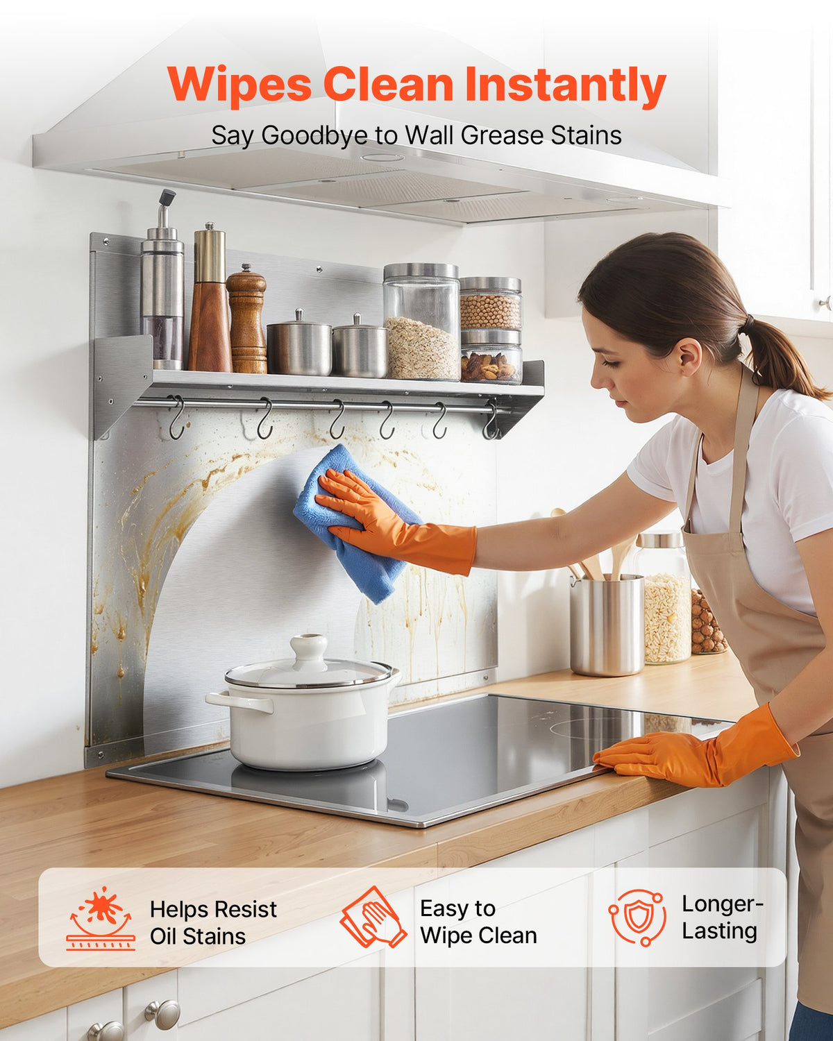 VEVOR 76x61 cm Stainless Steel Backsplash for Stove, Ultra Flat Splatter Guard with Storage Shelf & Hanging Rack, Wall Shield Range Hood Panel, Easy Clean, Pre-Drilled Holes for Easy Installation