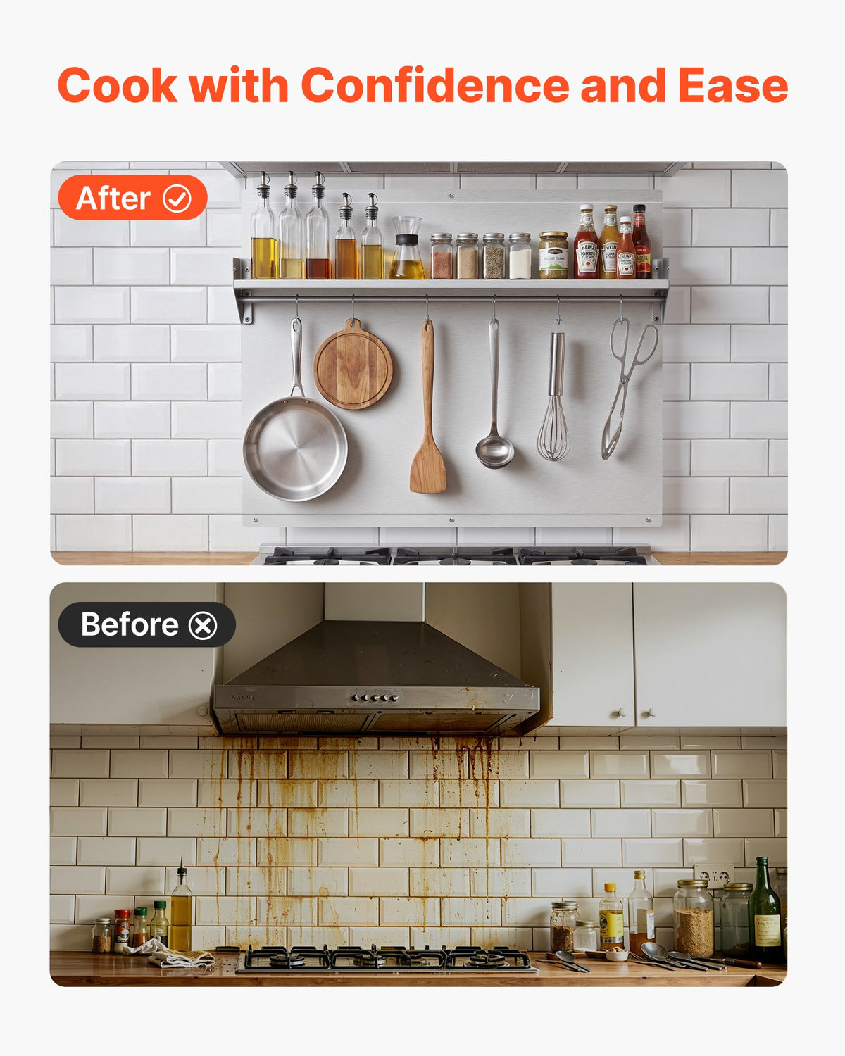 VEVOR 76x61 cm Stainless Steel Backsplash for Stove, Ultra Flat Splatter Guard with Storage Shelf & Hanging Rack, Wall Shield Range Hood Panel, Easy Clean, Pre-Drilled Holes for Easy Installation