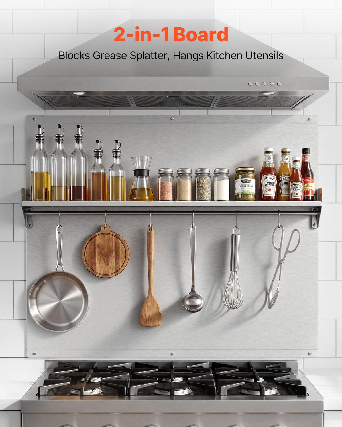 VEVOR 91x76 cm Stainless Steel Backsplash for Stove, Ultra Flat Splatter Guard with Storage Shelf & Hanging Rack, Wall Shield Range Hood Panel, Easy Clean, Pre-Drilled Holes for Easy Installation