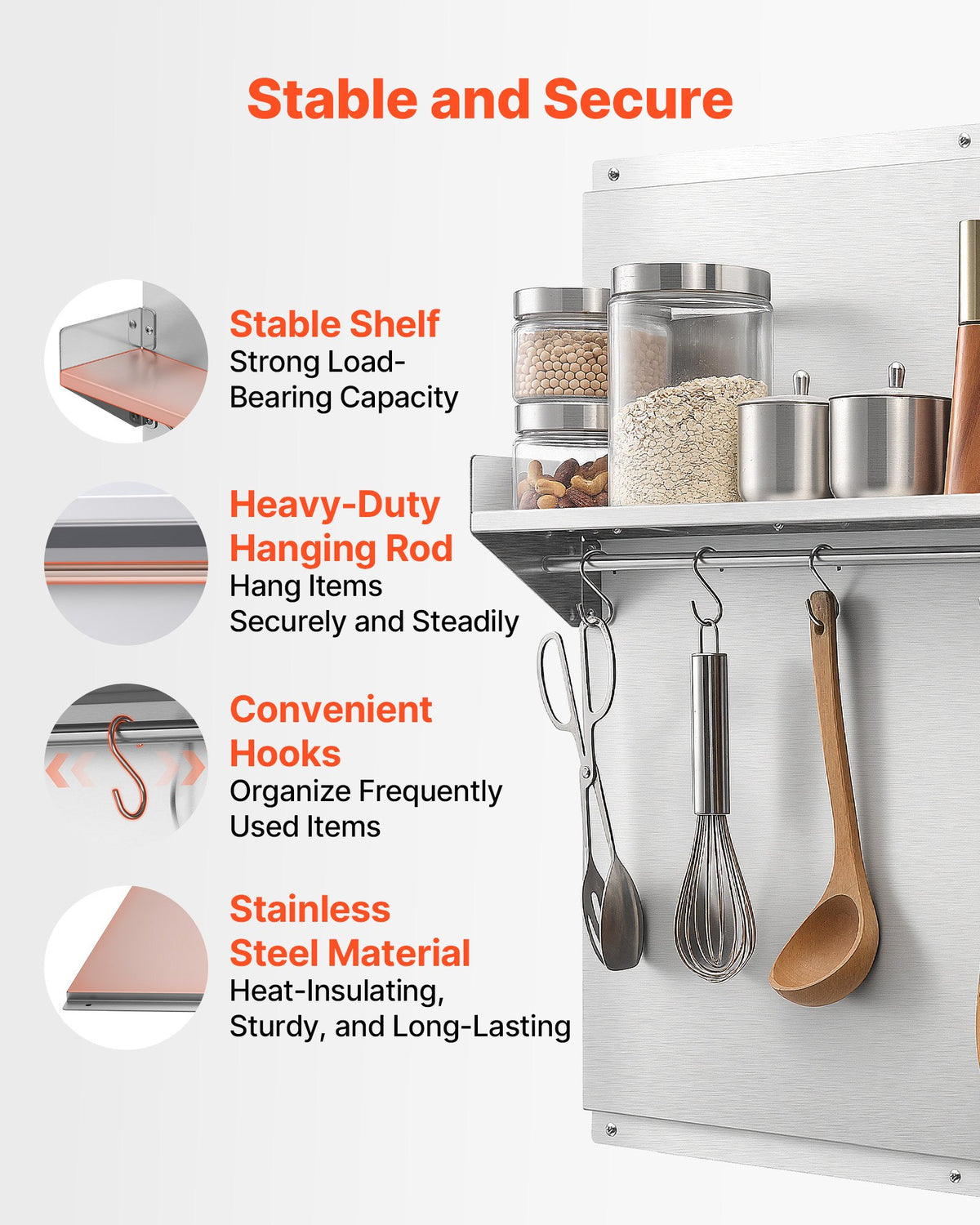 VEVOR 91x76 cm Stainless Steel Backsplash for Stove, Ultra Flat Splatter Guard with Storage Shelf & Hanging Rack, Wall Shield Range Hood Panel, Easy Clean, Pre-Drilled Holes for Easy Installation