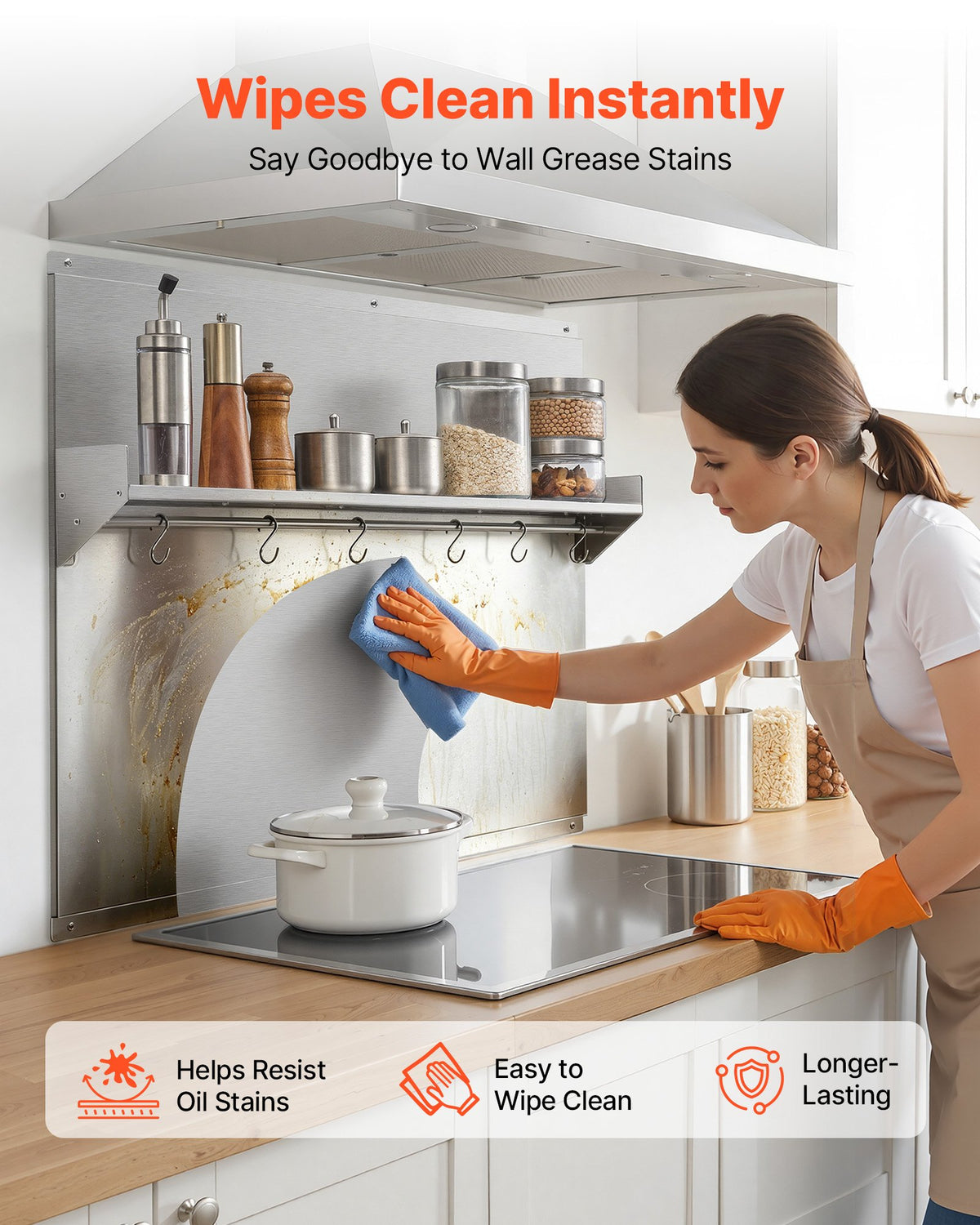 VEVOR 91x76 cm Stainless Steel Backsplash for Stove, Ultra Flat Splatter Guard with Storage Shelf & Hanging Rack, Wall Shield Range Hood Panel, Easy Clean, Pre-Drilled Holes for Easy Installation