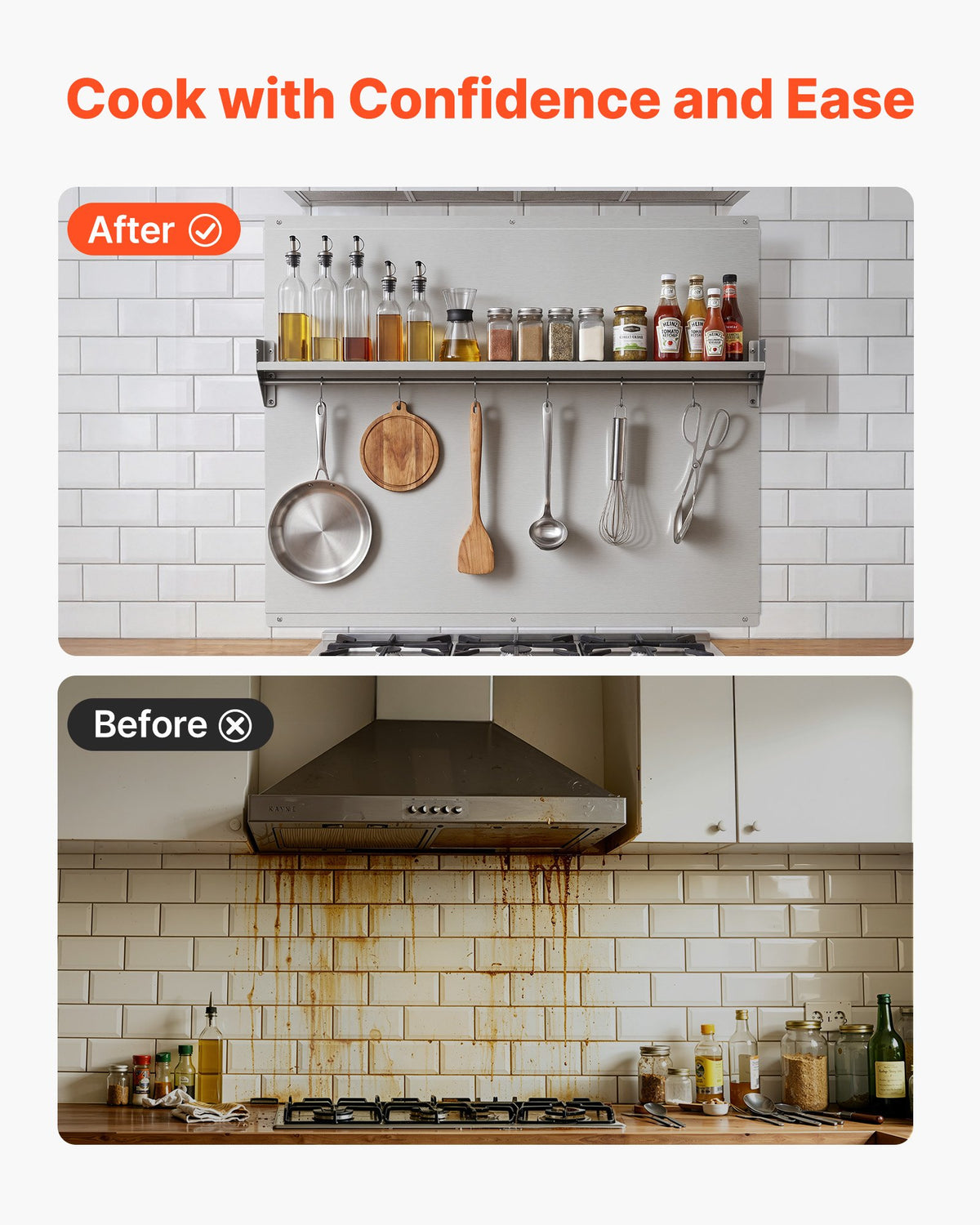 VEVOR 91x76 cm Stainless Steel Backsplash for Stove, Ultra Flat Splatter Guard with Storage Shelf & Hanging Rack, Wall Shield Range Hood Panel, Easy Clean, Pre-Drilled Holes for Easy Installation