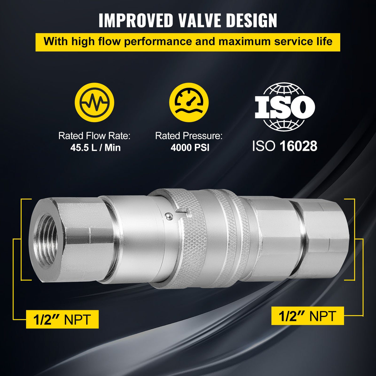 VEVOR Hydraulic Quick Connect 1/2 Body with 1/2" NPT Thread Hydraulic Coupler 4 Pairs Hydraulic Coupling Quick Connect 45.5 L/min Hydraulic Quick Coupler (ISO 16028)