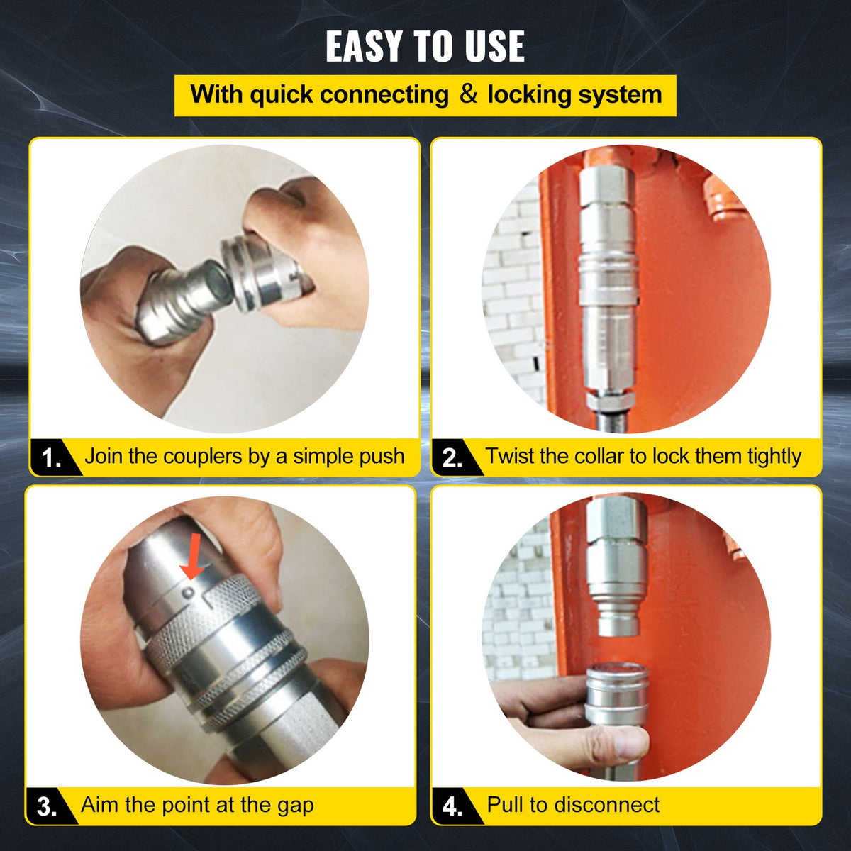 VEVOR Hydraulic Quick Connect 1/2 Body with 1/2" NPT Thread Hydraulic Coupler 4 Pairs Hydraulic Coupling Quick Connect 45.5 L/min Hydraulic Quick Coupler (ISO 16028)