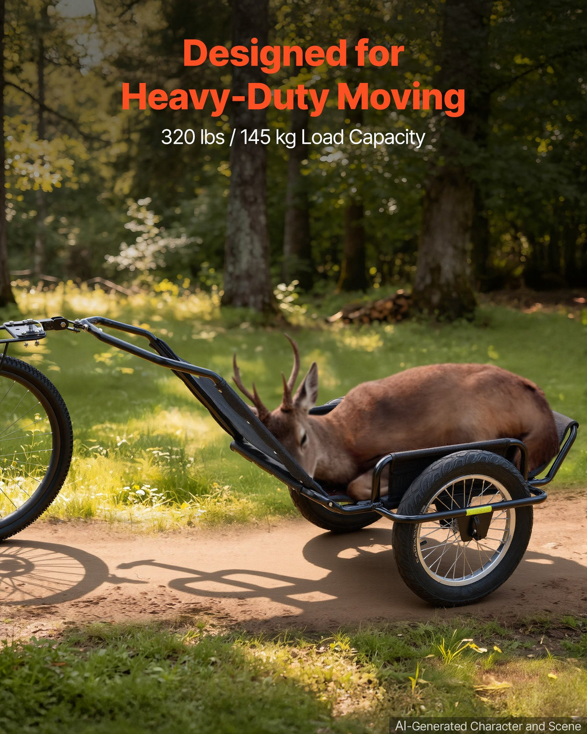 VEVOR Bike Cargo Trailer 145 kg Load Heavy-Duty Bicycle Game Cart Foldable, All-Purpose Utility Trailer with 406 mm Wheels for Any Terrain, Off-Road, Carbon Steel Frame, Fits 559-711 mm Bike Wheels