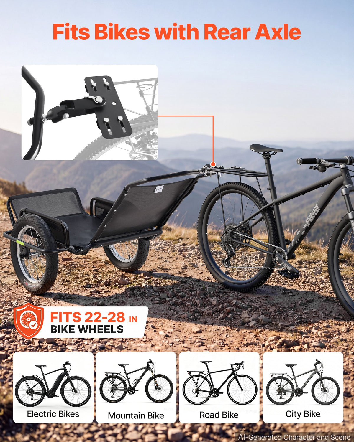 VEVOR Bike Cargo Trailer 145 kg Load Heavy-Duty Bicycle Game Cart Foldable, All-Purpose Utility Trailer with 406 mm Wheels for Any Terrain, Off-Road, Carbon Steel Frame, Fits 559-711 mm Bike Wheels