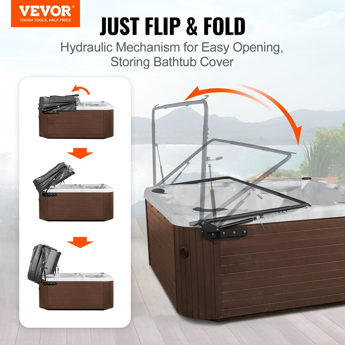 VEVOR Hydraulic Hot Tub Cover Lift,  Spa Cover Lift, Adjustable Width from 1750mm to 2450mm, Mounts on Both Top Sides, Compatible with Various Sizes of Rectangular Bathtubs, Hot Tubs and Spas