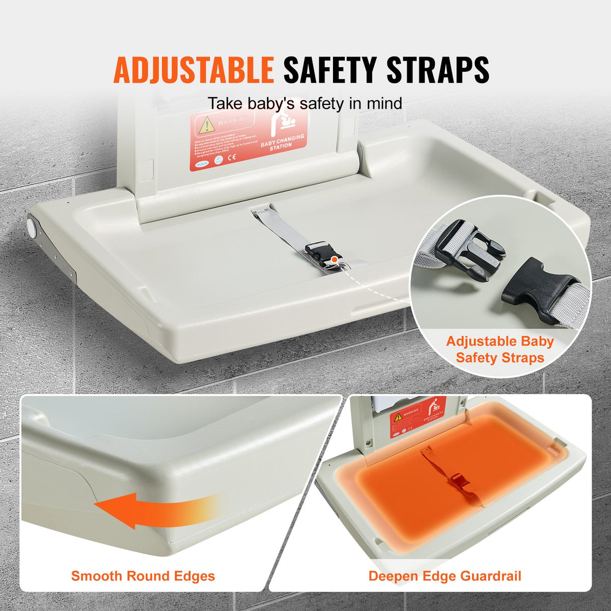 VEVOR Wall-Mounted Baby Changing Station, Horizontal Foldable Diaper Change Table with Safety Straps and Hanging Rods, Use in Commercial Bathrooms,  Daycare Centers for Newborns & Infant
