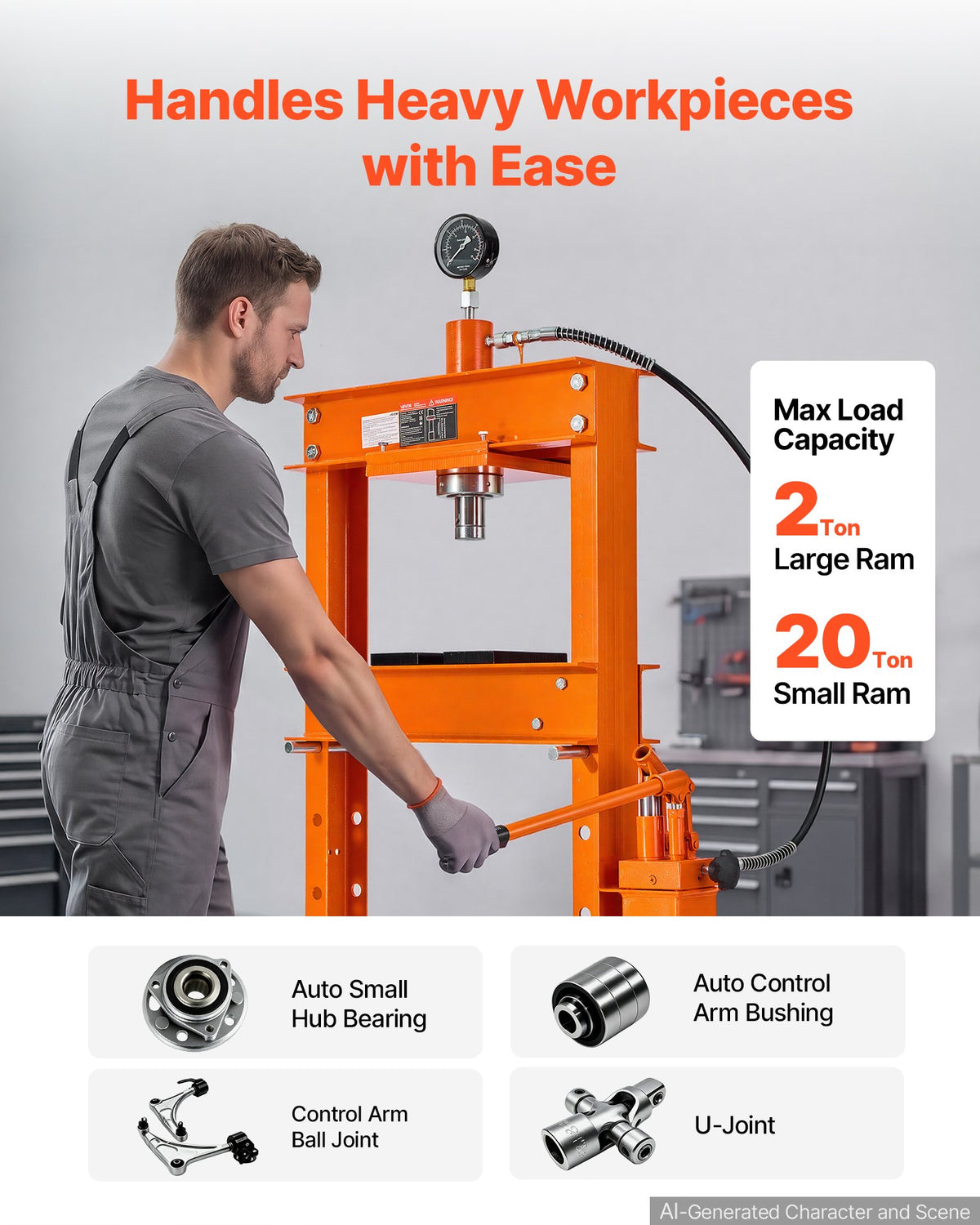 VEVOR 20-Ton Hydraulic Shop Press, H-Frame Garage Floor Shop Press with Two-Speed Pump & Gauge, Heavy-Duty Steel Adjustable Hydraulic Press for Bending, Straightening, Pressing U-Joints & Bearings