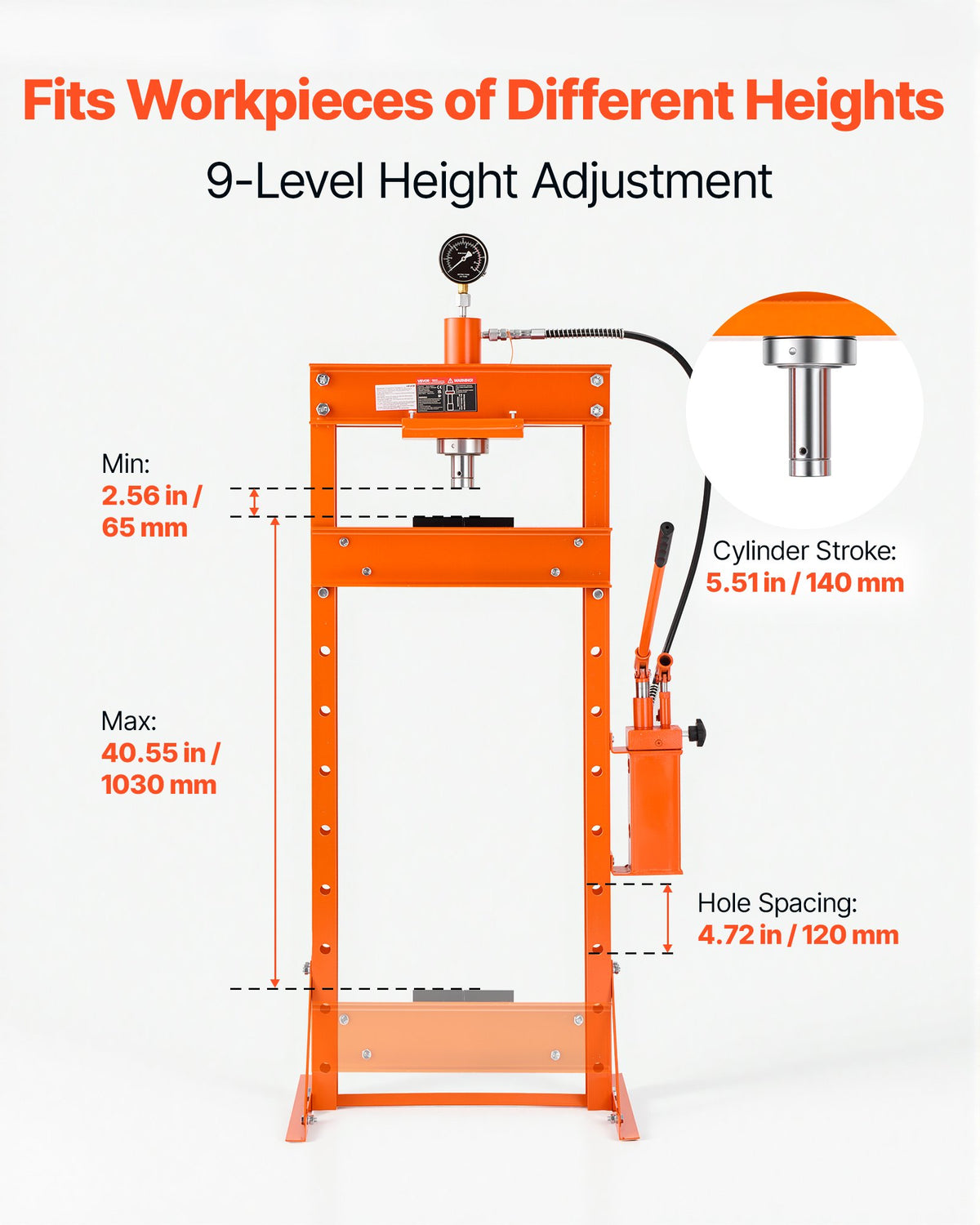 VEVOR 20-Ton Hydraulic Shop Press, H-Frame Garage Floor Shop Press with Two-Speed Pump & Gauge, Heavy-Duty Steel Adjustable Hydraulic Press for Bending, Straightening, Pressing U-Joints & Bearings