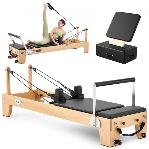 VEVOR Pilates Reformer 2.4 m Pilates Machine 181 kg Capacity Maple Wood, for Home Use and Gym Workout, with Jump Board, Music Wire Springs, and Sitting Box, Suitable for Advanced and Beginners Users