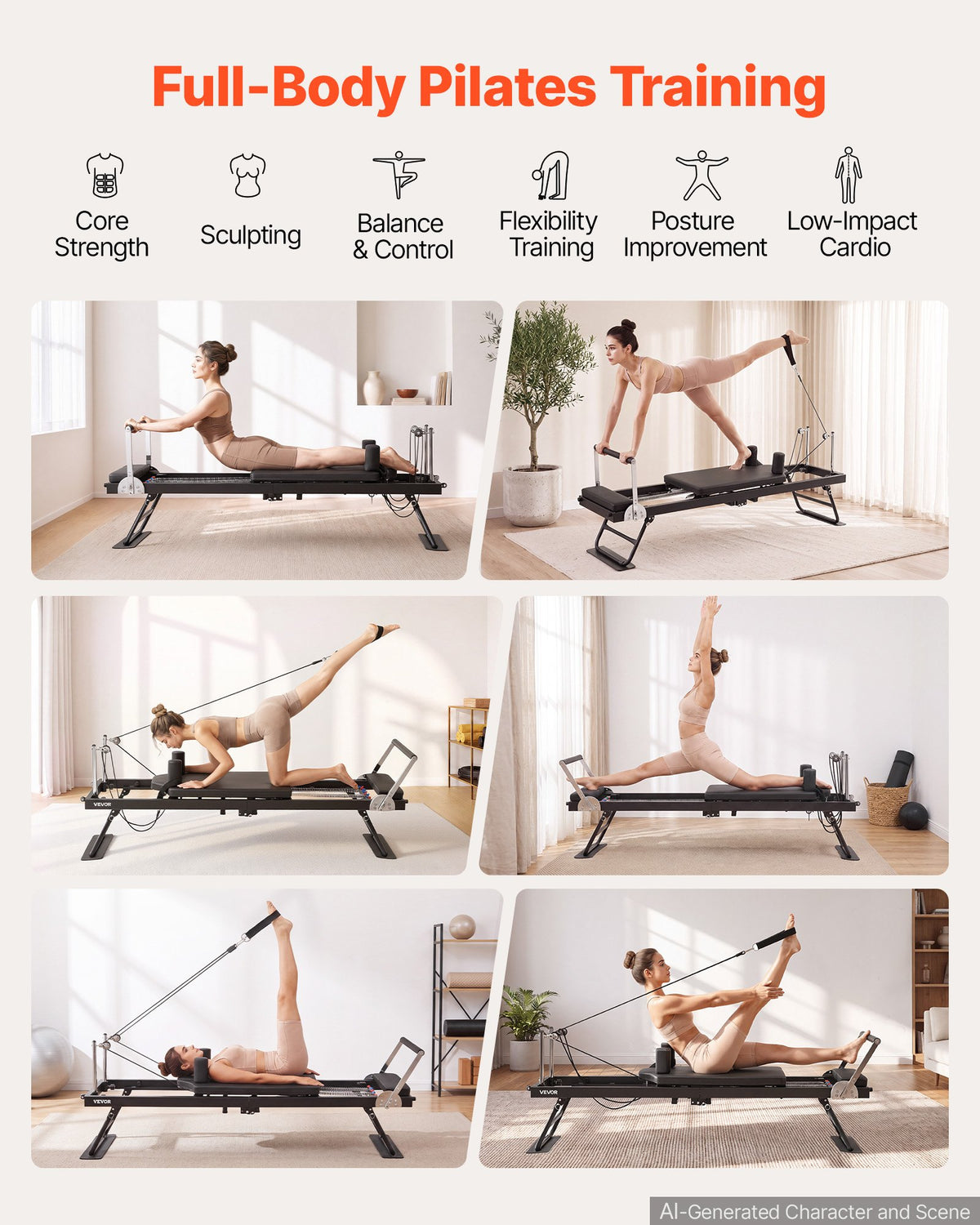 VEVOR Pilates Reformer 77" Foldable Pilates Machine 400 lbs Iron Frame, for Home Use and Gym Workout, with Springs, Smooth Sliding System, Suitable for Advanced and Beginners Users